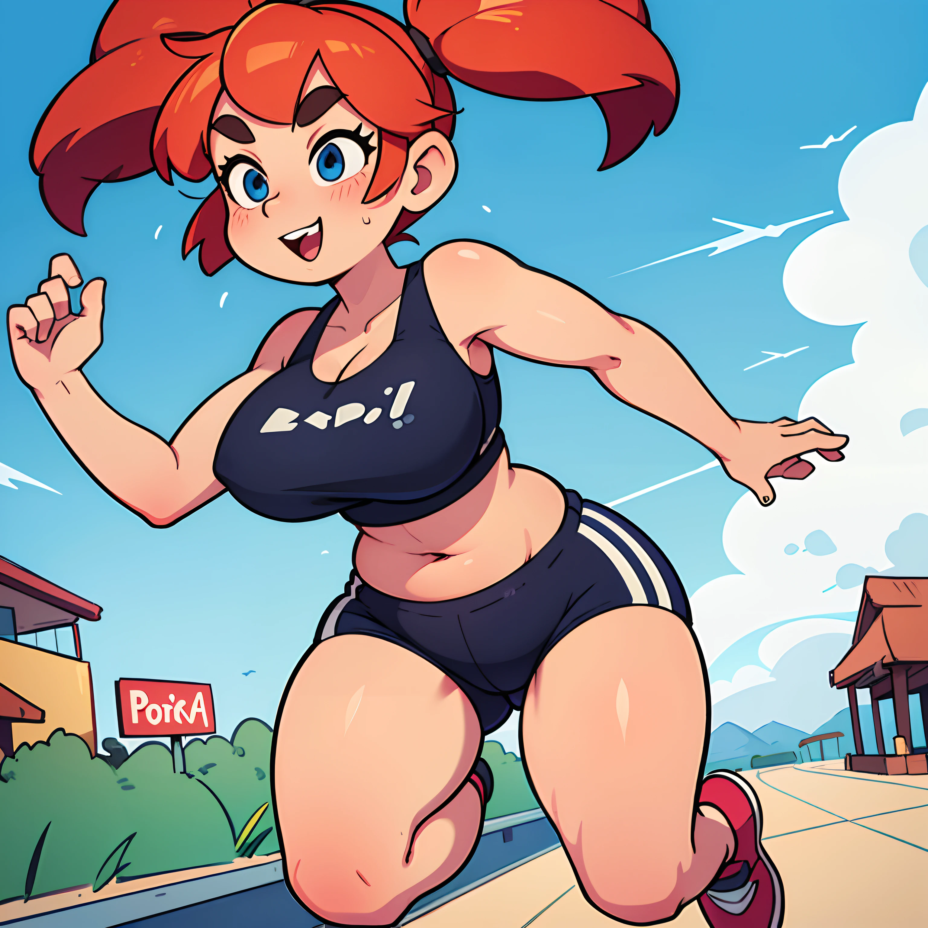 Bbw running down the boardwalk, humongous belly, big thighs, sports bra, short shorts, pigtails, big smile, high quality,