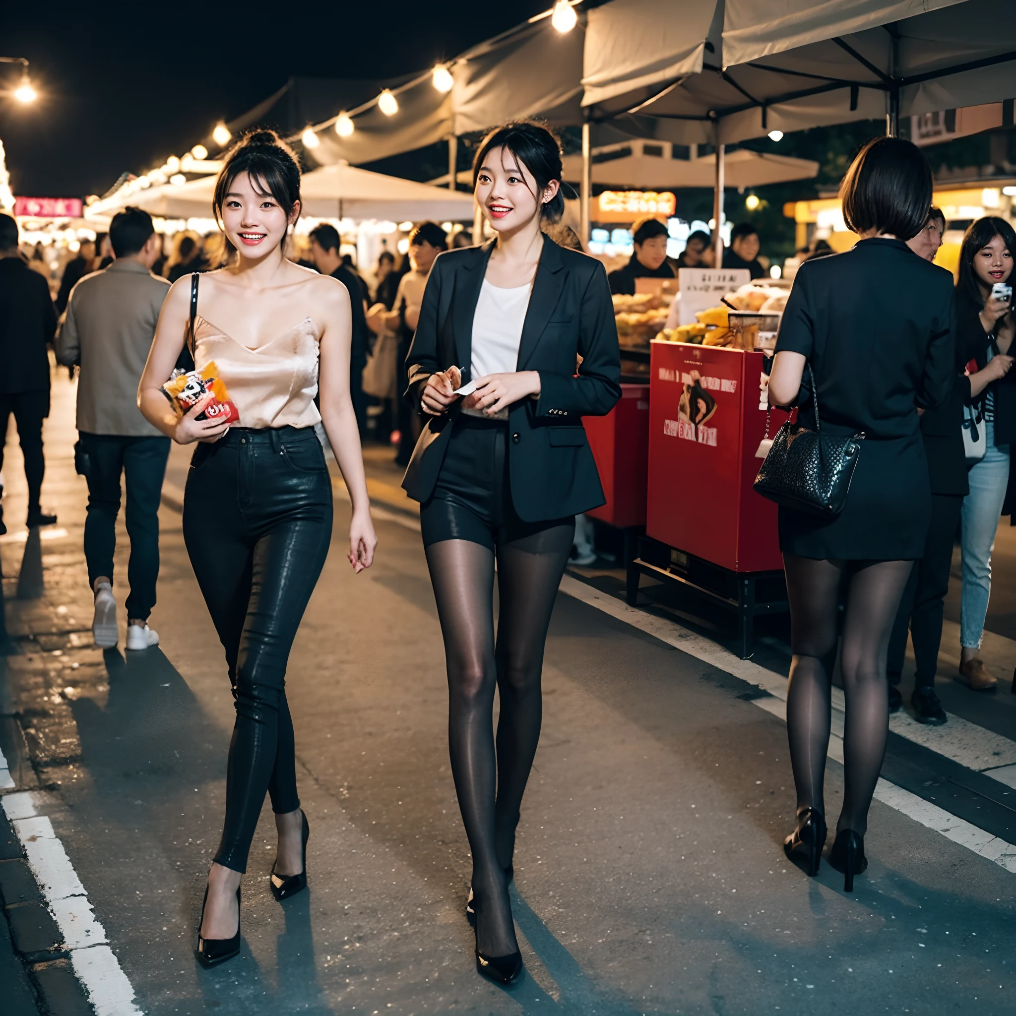 Lively night market. The woman wears casual clothes, Bring snacks, Her face was filled with joy and contentment.Flesh-colored pantyhose，high-heels