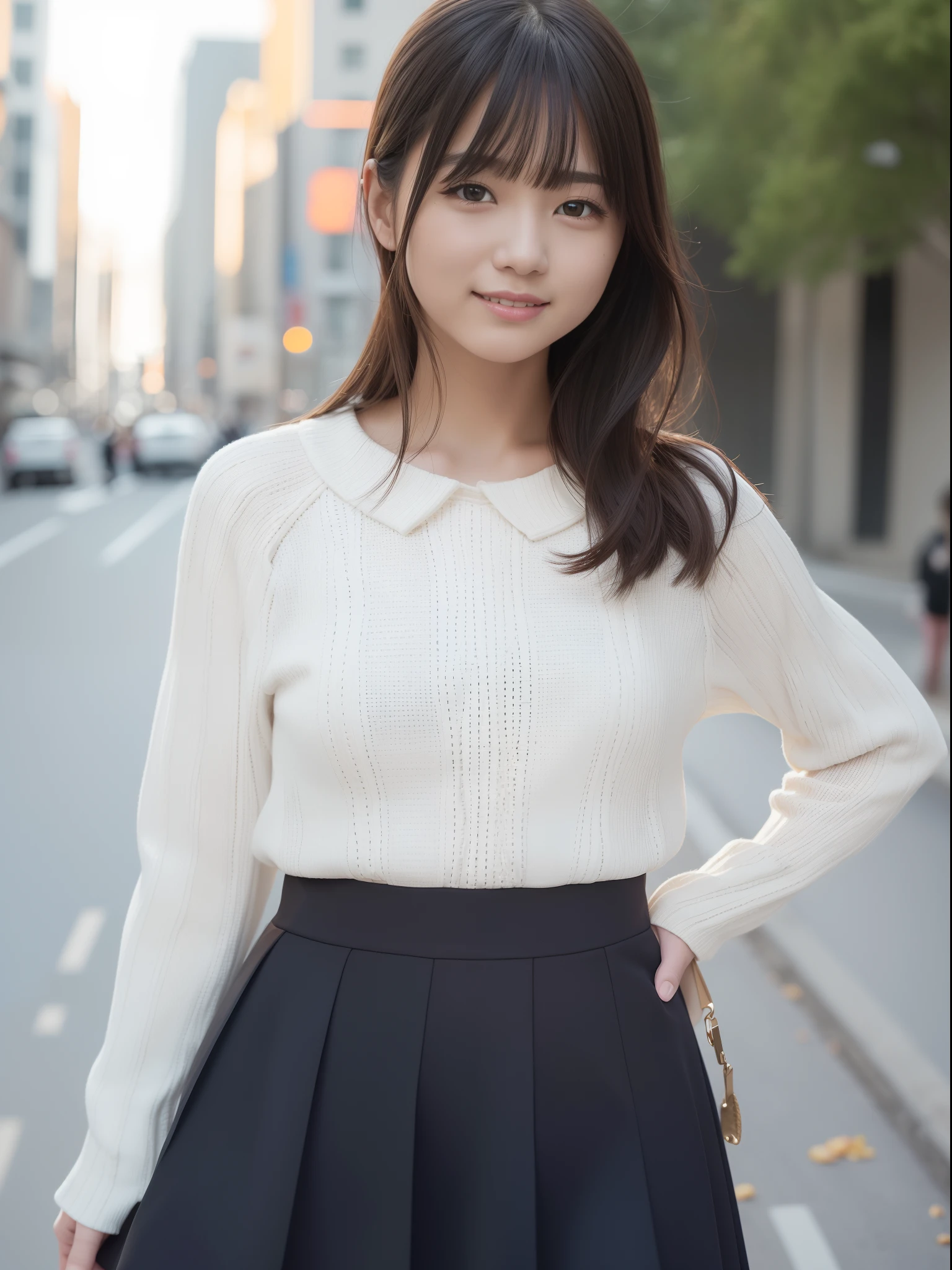 top-quality、​masterpiece、1 girl in、Blonde hairer、Black eye、on tokyo street、A city scape、The upper part of the body、A smile、、(8K、Raw photography、top-quality、​masterpiece:1.2)、(realisitic、photoRealstic:1.37)、Highly detailed eyelash drawing、(((Top image quality))),small tit、Fine skin, (Beautiful hair), top-quality、hight resolution、Happy smile、Happy smile、Standing、pleatedskirt、Autumn outfit、nightcity、Autumn outfit、Best Quality,masutepiece,hight resolution,Beautiful eyes,Detailed background,[Backlighting],(Face lighting),[Close View:0.8],(8K、Raw photography、top-quality、​masterpiece:1.2)、(realisitic、Photorealsitic:1.37)、ultra-detailliert、profetional lighting、Sony A7R4、Zessie 50mm f1.8、Rembrandt lighting（Rembrandt lighting）、Colorful jumper、with spreading legs、pony tail hairstyle、Please wear a hooded coat、Orange sunset、burst into laughter、Office Lady Uniform、Bunny Girl Outfit
