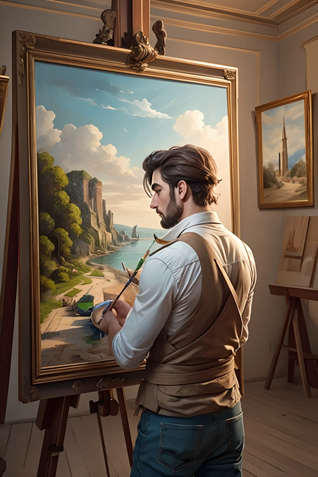 a French male painter, painting and making art. The viewpoint is set from in front of the artist. He can be seen from an angle from behind his canvas