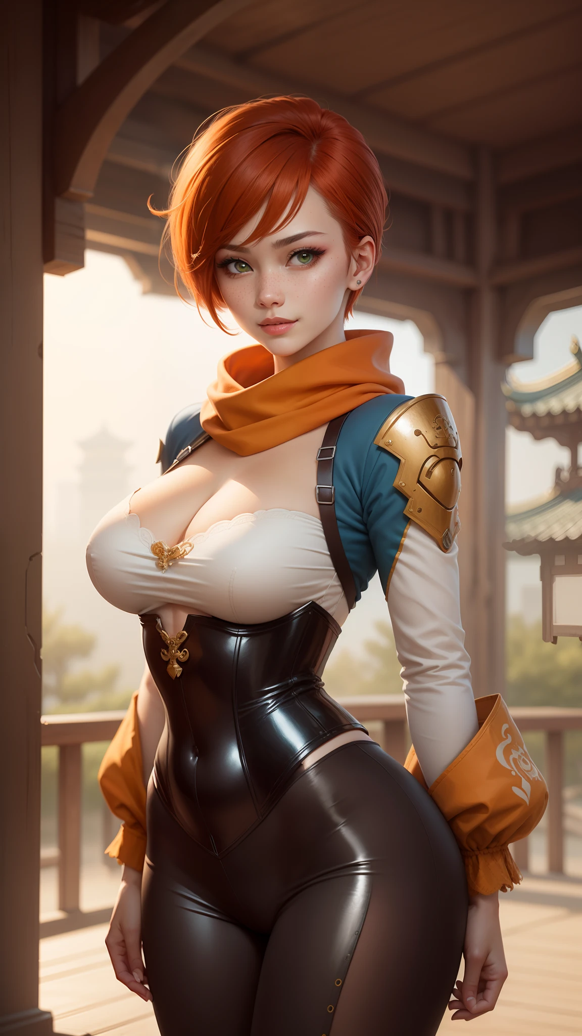 gwen tennyson,tracer,chun-li,rebecca chambers,overwatch,gundam,1girl,close up,mecha pilot,chinese garden,orange and white plugsuit,pirate corset,orange long sleeve lycra top,brown leggings, short hair,cute makeup,green eyes, orange and blue hair,shy smile,hair pin, freckles,redhead,beautiful girl,large breasts,ultra detailed,realistic,fantasy art,chinese dress,chinese armor,snow scarf,feudal era,