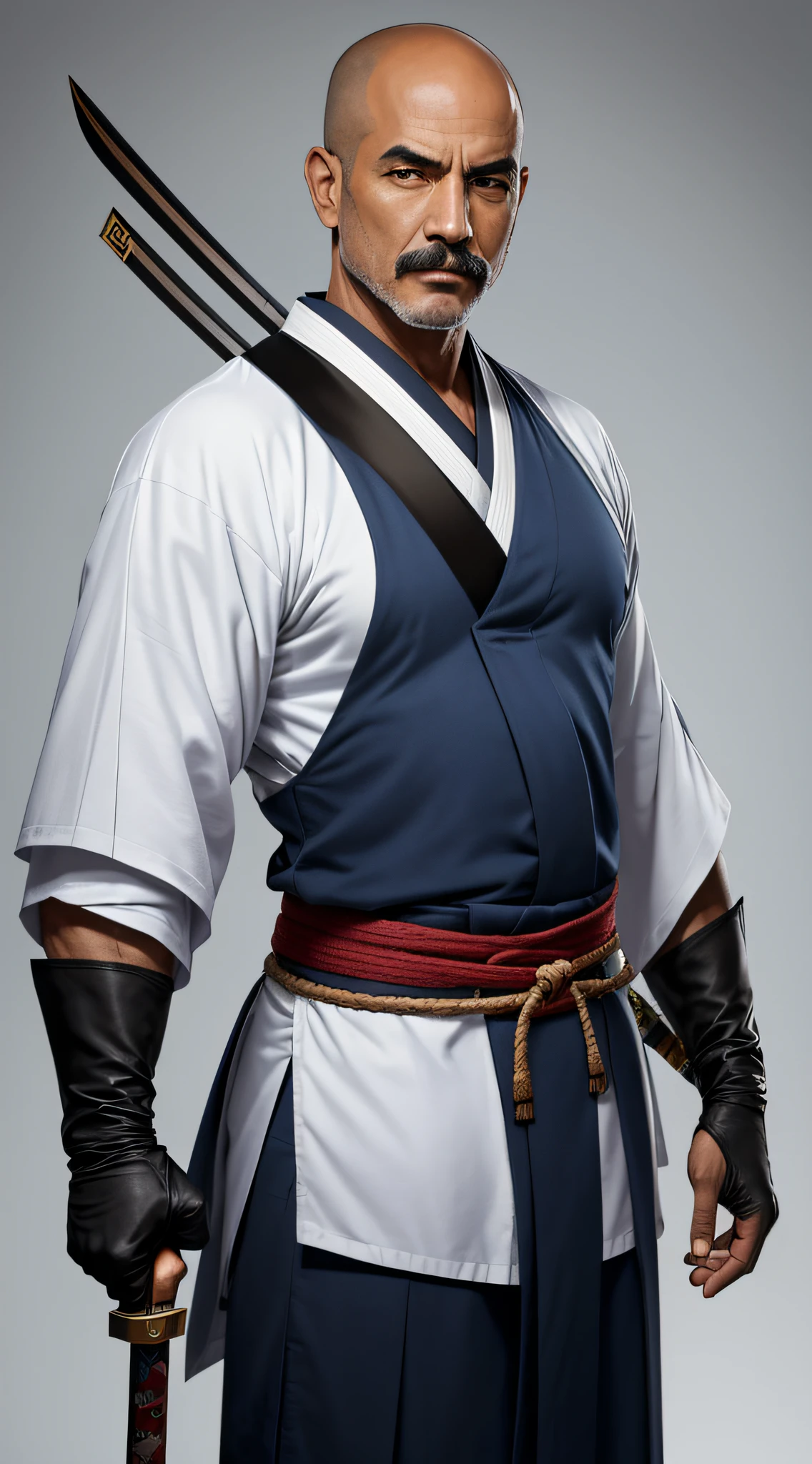 retrato de corpo inteiro, 1,68, careca , bigode fino estilo mestre de Kung Fu, olhos pretos, kimono azul e branco, manto negro por cima com touca, do lado direito uma katana negra com detalhes em dourado, Japanese longbow on the back, The staff with seals to help you walk, Cold iron katar style gloves on hands