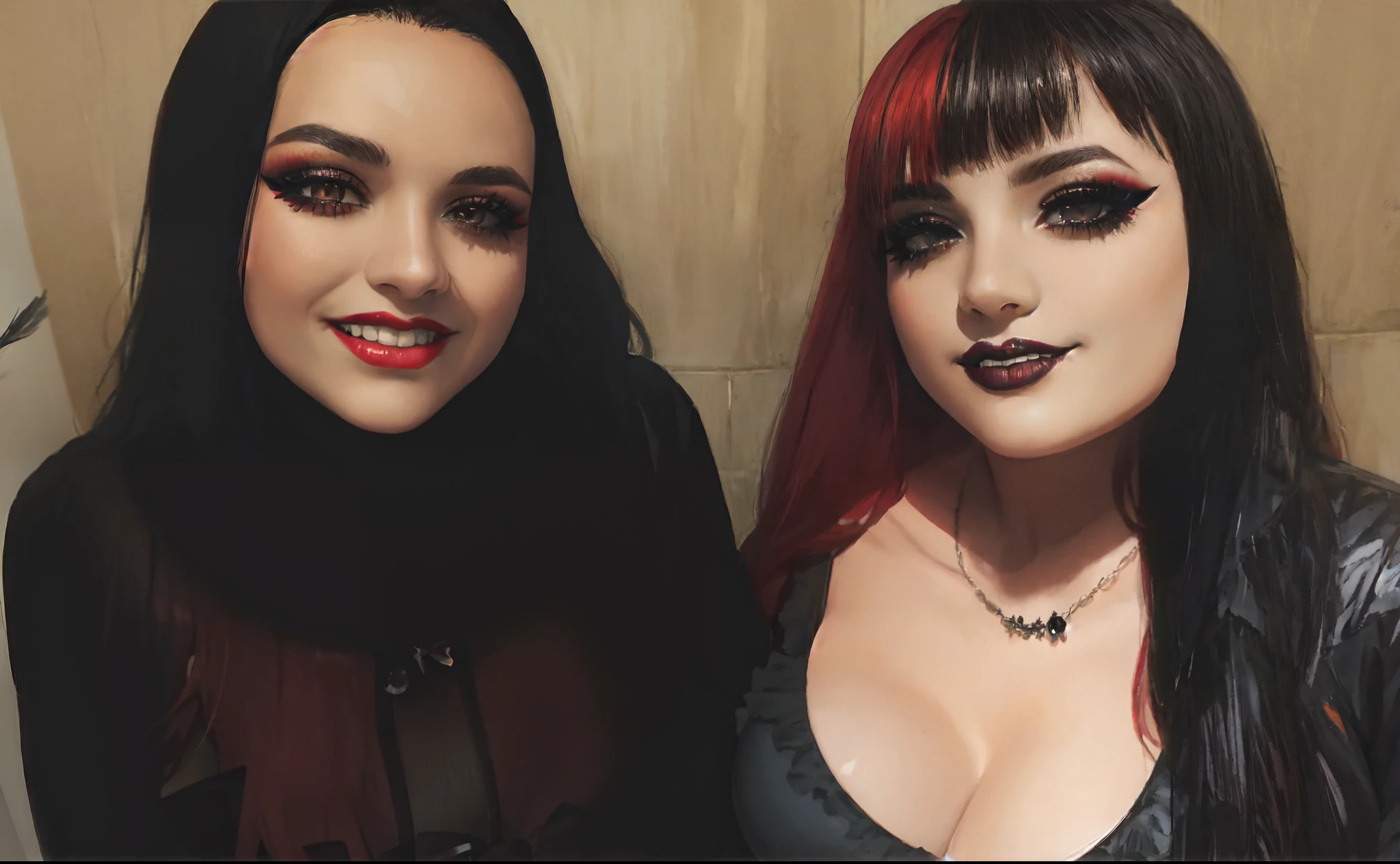 two women with red hair and black makeup posing for a picture, wearing goth makeup, gothic horror vibes, goth aesthetic, goth makeup, 1 7 - - old h girl, goth girl aesthetic, goth vibe, darkwave goth aesthetic, charli bowater and artgeem, profile pic, goth asthetics, bubble goth makeup, dressed in crustpunk clothing