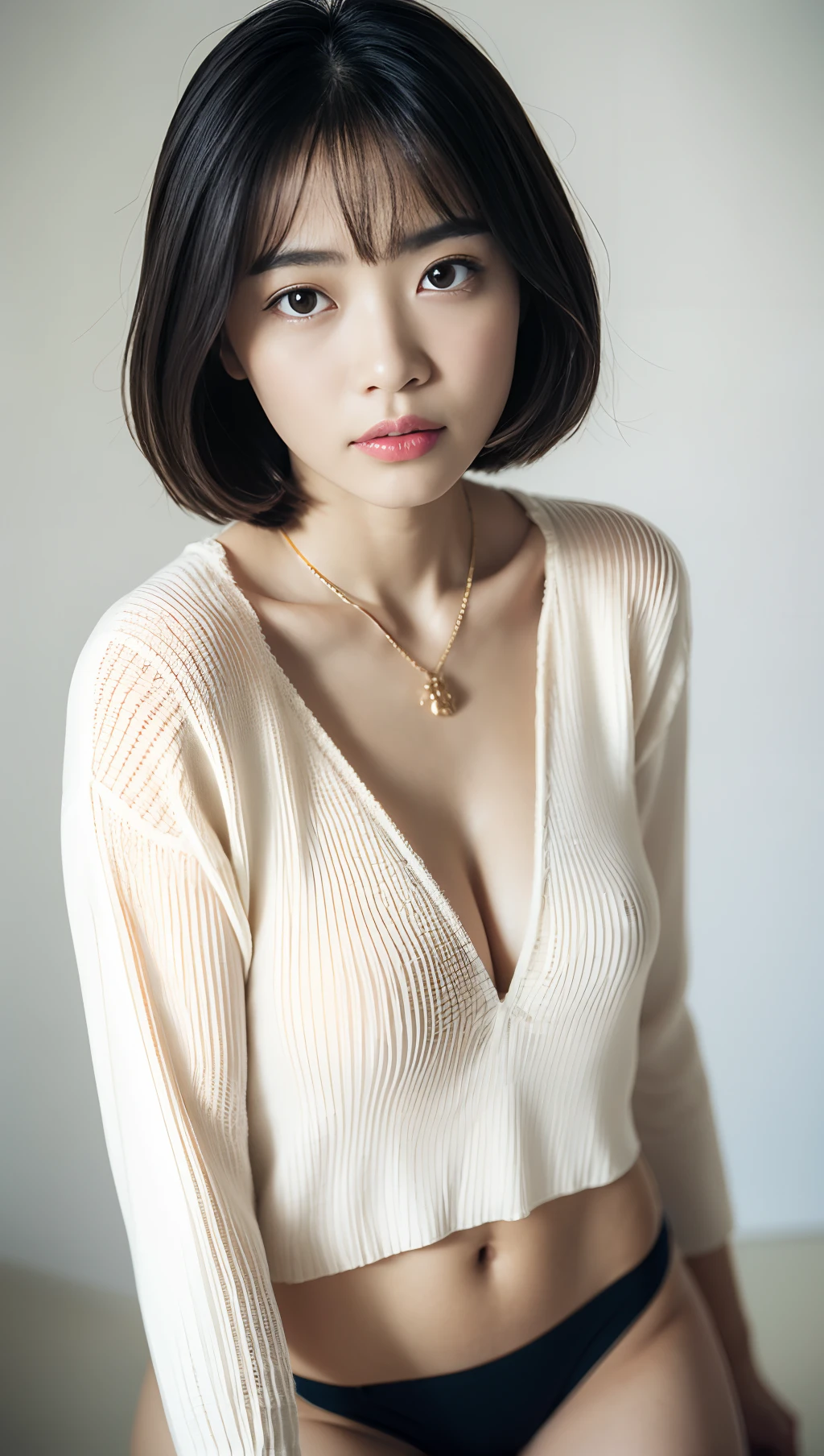Close up portrait of woman in bikini and stockings, Sexy :8, 1 8 I, back and white, good hips and long legs, style of beautiful body, Japanese, (Best Quality, 8K, 32K, masutepiece, nffsw:1.2), Photo of Pretty Japanese woman, Small breasts, Very short bob hair,Upper body,(Oversized_Sweaters,:1.1) Necklace, Simple background, looking at around