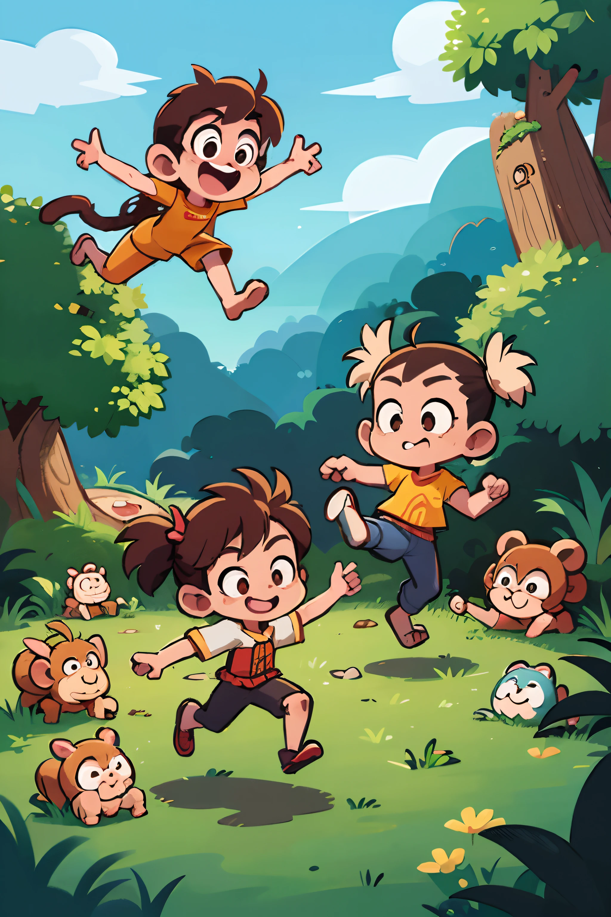 Cartoon monkey jumps and runs with outstretched arms, humanoid monkey fantasy race, monkey limbs, The character has one leg straight，One leg is bent，character is flying, an animated character, ,mascot illustrations, monkeys,Monkey, pixar-style, Illustration of 2 monkeys, japanese mascot, Two characters