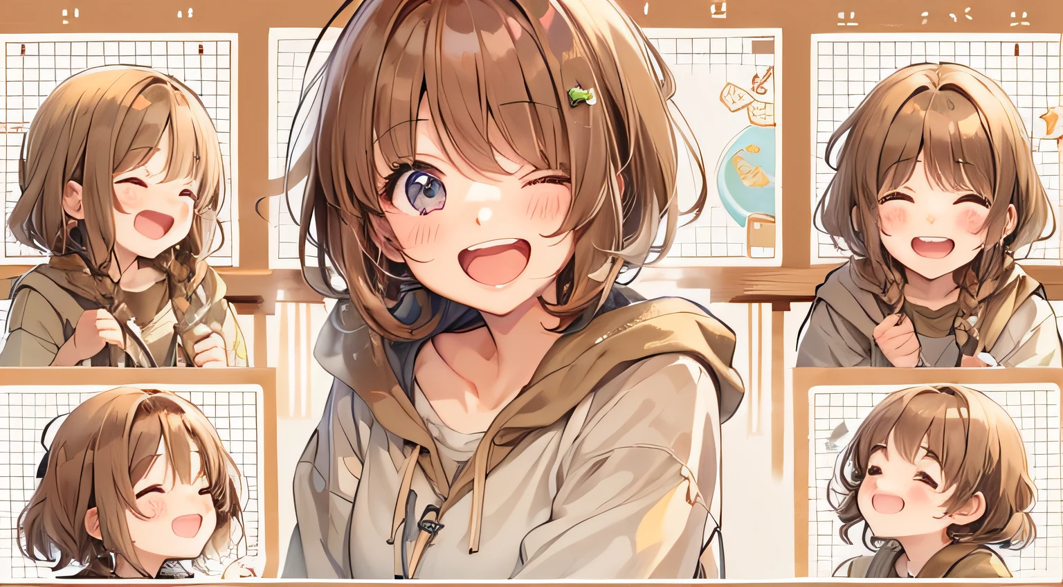 Short girl with brown hair、Laughing、look up to、sano、up of face、Alone