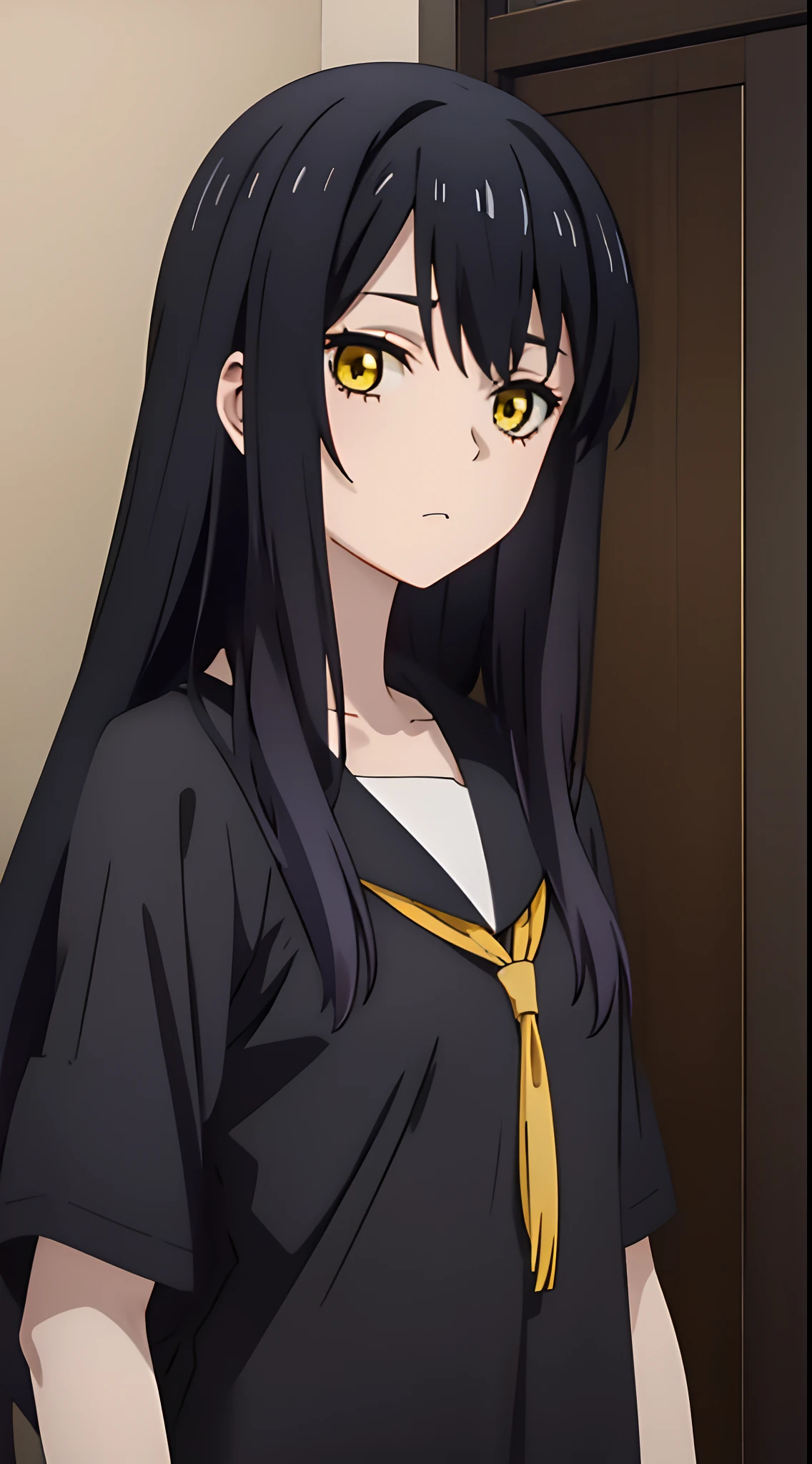 anime girl with long black hair and yellow eyes, casually dressed, straight hairstyle, detailed image, with same hairstyle, ultra detail, hight quality, best quality