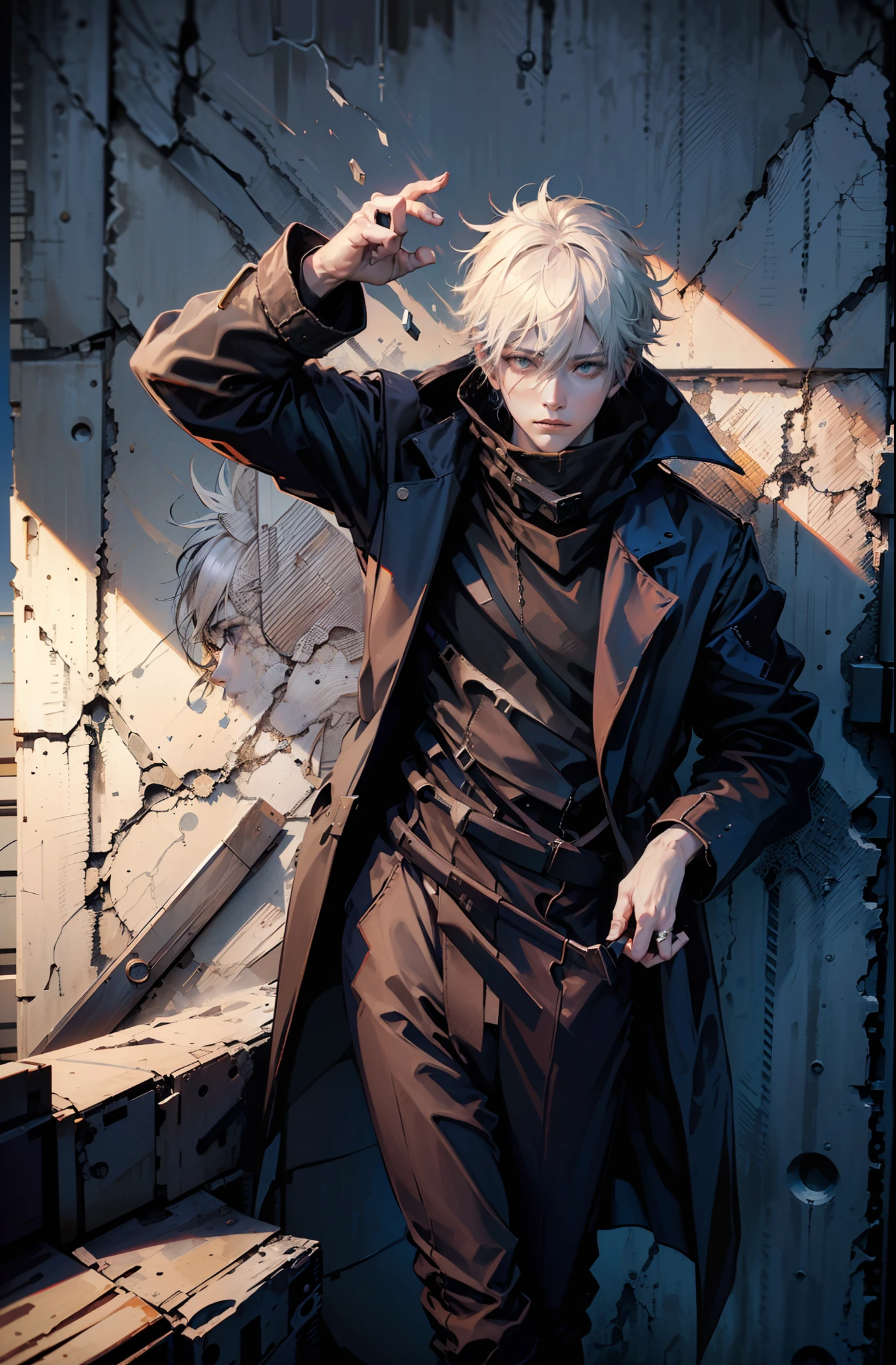 (absurdos, Altas Resoluciones, Ultra detallado, HDR), Obra maestra, nsfw, La mejor calidad, jujutsu kaisen, gojo satoru, 1hombre solamente en combate, guapo, pelo corto, cabello blanco, Ojos azules vibrantes, ojos finos y cara detalladas, (((Fuego, llamas, a su espalda)) Armadura, ((Arma intrincada)). Final Fantasy, abs, badass pose, Chico de anime con las manos agarrando su espada, pose de anime combatiendo, Anime hombre guapo, Personaje masculino de anime, Badass Anime 8K, Arte detallado del personaje de anime, Concepto de anime HDR Anime MacManus, Chico anime, Ikuto Yamashita, Anime CG arte suave, Fondo de pantalla de manga 4 k, inspirado por Yamagata Hiro, Wallaper de anime
