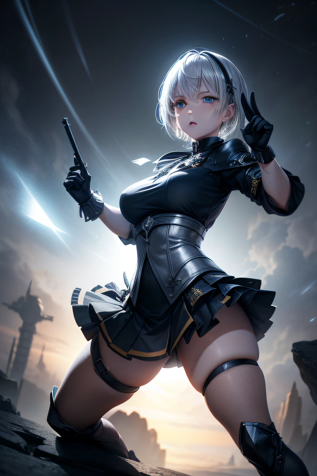 (Young Face),(Perfect eyes), (Perfect hands), (Perfect fingers), (neck-length short hair: 1.5), (Concise tight skirt: 1.3), Silver hair, Collar, (gloves: 1.2), (guns), chains, in the distant future, the line between science fiction and fantasy has disappeared,(Very detailed CG 8k wallpaper), (Extremely delicate and beautiful),Beautiful lighting, Realistic Shadows, [High resolution], detailed skins, Ultra Detail, nffsw (High dynamic range), Ray tracing, NVIDIA RTX, Hyper-Resolution, Unreal 5, Subsurface scattering, PBR Textures, Post-processing, Anisotropy Filtering, depth of fields, Maximum sharpness and sharpness, Multilayer Texture, Albedo and Highlight Mapping, Surface Shading, Accurate simulation of light-material interactions, Perfect proportions, Octane Render, bi-color light, Large aperture, Low ISO, White Balance, thirds rule, ,Dutch Angle,Good anatomy),Dynamic Pose, actionpose, open pose, (dark brown eyes),with strobe light、Dramatic shadows and highlights、Create images with a sense of depth and three-dimensionality,1 Female Gothic、Tangles、ornate,