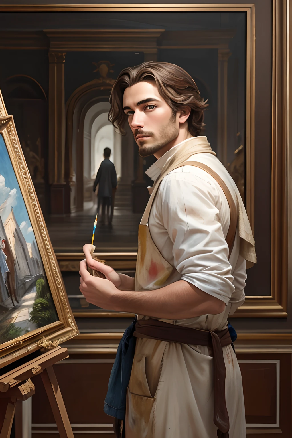 a French male painter, painting and making art. The viewpoint is set in front of artist, he is making eye contact
