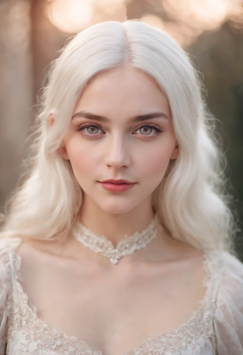 fair complexion, woman around 19 years old, natural white hair, distinctive pink eyes, wearing kohl, slender and graceful, beautiful, candlelight in a medieval setting, ultra sharp focus, realistic shot, victorian female clothing, nobility,