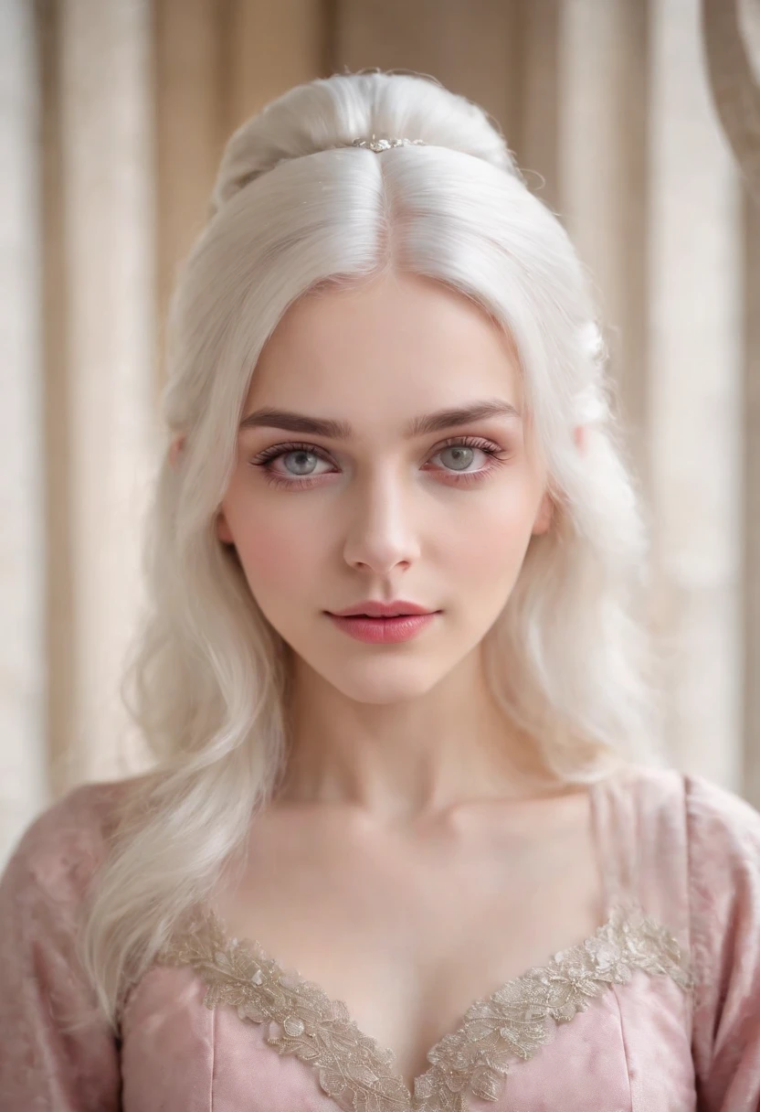 fair complexion, woman around 19 years old, natural white hair, distinctive pink eyes, wearing kohl, slender and graceful, beautiful, candlelight in a medieval setting, ultra sharp focus, realistic shot, victorian female clothing, nobility,