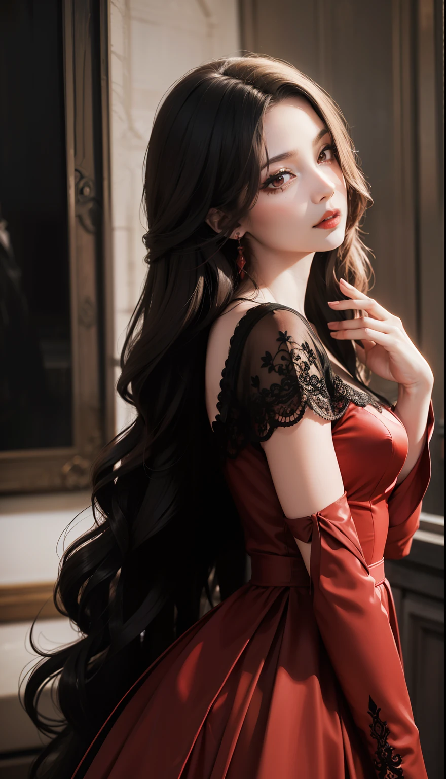 Elegant French style dress in crimson color、Intertwined with a black lace cape, Classical art、, Red highlights on black hair、disheveled long hair,sharp eye、Bewitching figure、Clear red eyes、Red Eyeliner、long lashes,Dimly lit Gothic Room, Realistic smooth skin delicately expressed in every detail,Realistically reproduces muscle texture、Faint lighting、some background blur