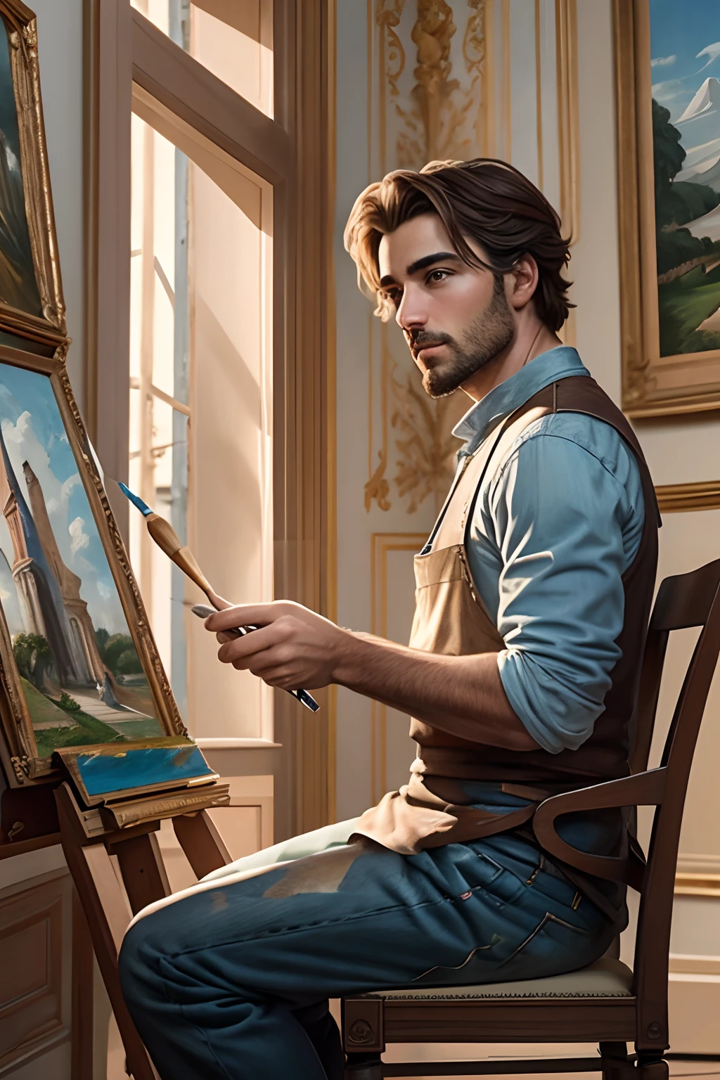 a French male painter, painting and making art. The viewpoint is set in front of artist, he is making eye contact
