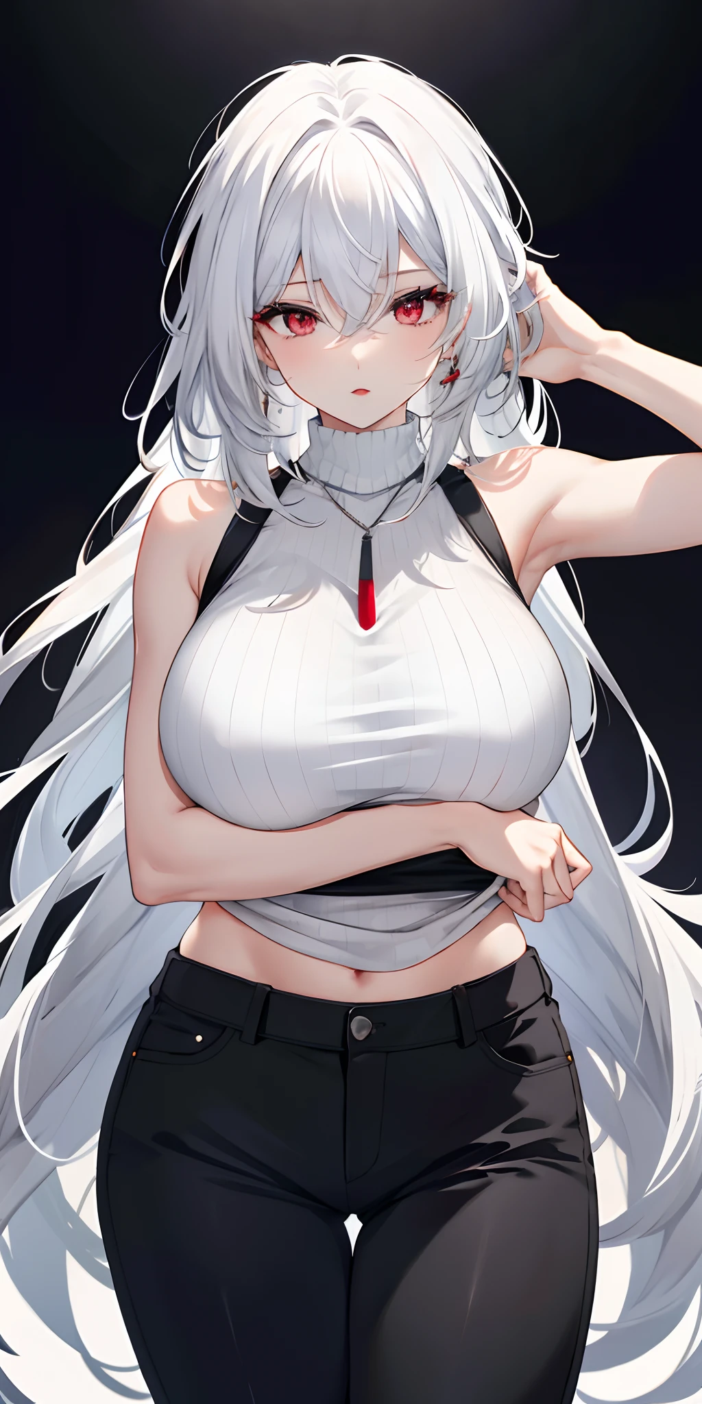 Girls, Bangs, Bare Shoulders, Black Pants, , Breastsed together, Grey background, Hair between the eyes, Huge breasts, Long iew Viewer, Pants, Parted lips, Red eyes, Shirt, Simple background, Sleeveless, Sleeveless shirt, Solo, Turtleneck, V arm, White hair,(Shiny skin),(Masterpiece:1.4),(Best quality:1.4),,Facigirl,Red lips,Perfect abs, belly button, (nipple: 1.5)heer areoipple, huge, sweat,