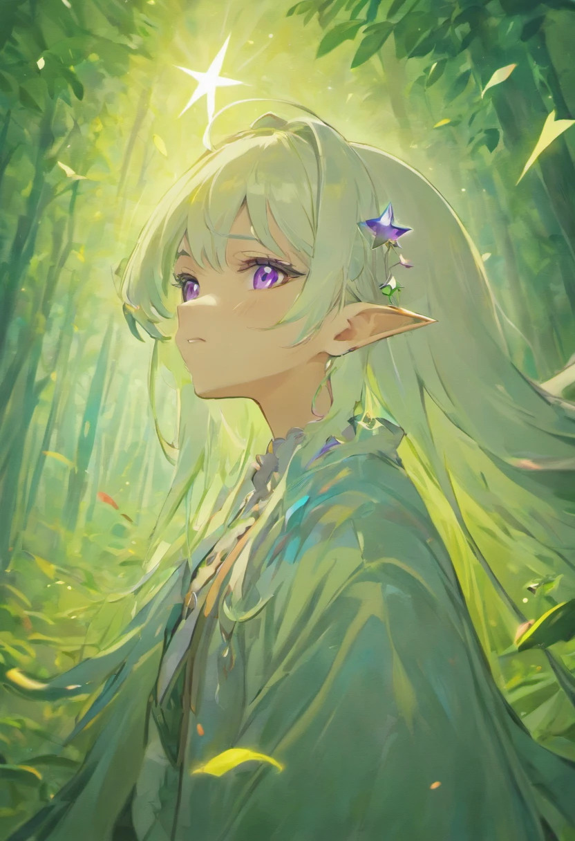 solo male, hair( long, white, strait), skin(light, fair, white), eyes (clear, lavender, purple, cyan), clothes(fantasy, commoner, poor), ears(elongated, pointed, elf, elven), marking on forehead(purple four point star), background(forest, dense wood, wooded, clear sky), Rich in color，Bust photo, Close-up shot, portrait