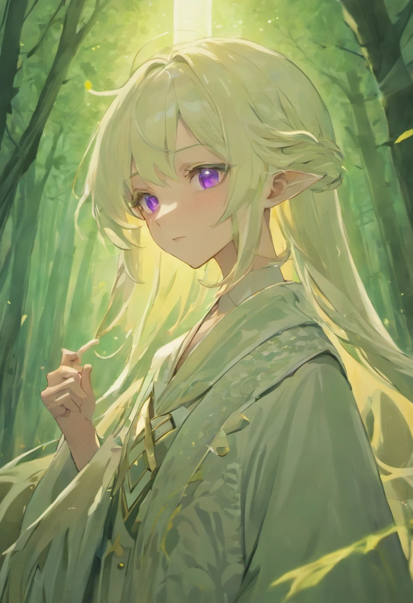 solo male, hair( long, white, strait), skin(light, fair, white), eyes (clear, lavender, purple, cyan), clothes(fantasy, commoner, poor), ears(elongated, pointed, elf, elven), marking on forehead(purple four point star), background(forest, dense wood, wooded, clear sky), Rich in color,Bust photo, Close-up shot, portrait