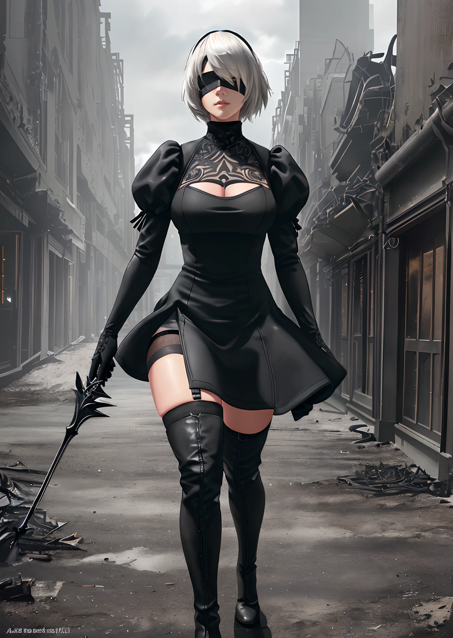 [n_2b], [nier automata], ((masterpiece)), ((HD)), ((high quality)), ((solo portrait)), ((semi-realistic)), ((detailed shading)), ((beautiful render art)), ((cinematic lighting)), ((intricate details)), {(beautiful woman), short white hair, small boobs, (beautiful legs), (beautiful lips), (gorgeous hips), (expressionless)}, {(black split dress), (cleavage), (black blindfold), (black thigh-high boots), ((opaque black thigh-high socks)}, {(walking), (arms at sides), (looking ahead)}, [Background; (apocalyptic city ruins), (grey sky), (sun rays)]