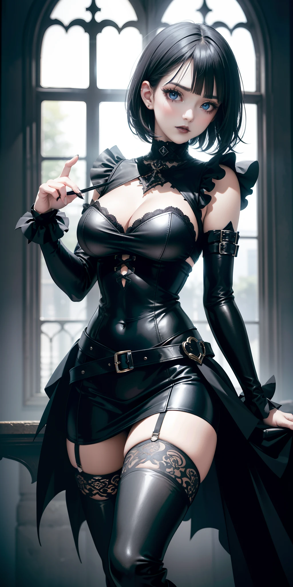 Medium breasts, exciting breasts, round breasts, ((beautiful and cute gothic girl)), straight black hair, ((short haircut, side bangs give a perfect romanticism)), blue eyes, perfect eyes, light effect on the eyes , extremely sexy body, gothic leather costume, skirt with ripples at the edges, open at the breasts, sensual necklines, short leather boots, black tights with transparency ((hyper detailed, 8k, hyper realistic, perfect lighting, gothic style lighting) ), perfect lips, black lips, eyeliner, gothic makeup, parted lips, sensual pose, hand in hair, entire room in gothic style
