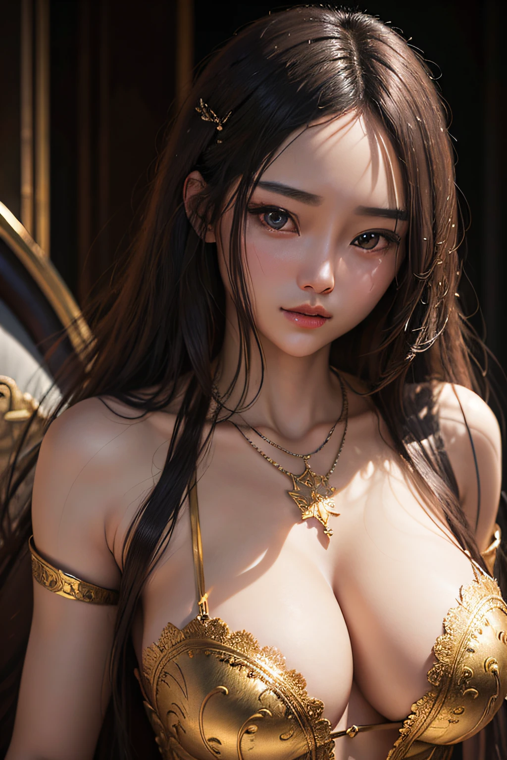 Surrealism, super detail, 4k resolution, high resolution, high quality, Chinese girl, realistic, perfect composition, beautiful and intricate details, crazy detail rendering trend, hot figure, artistic photography, wearing cleavage, golden long hair, necklace