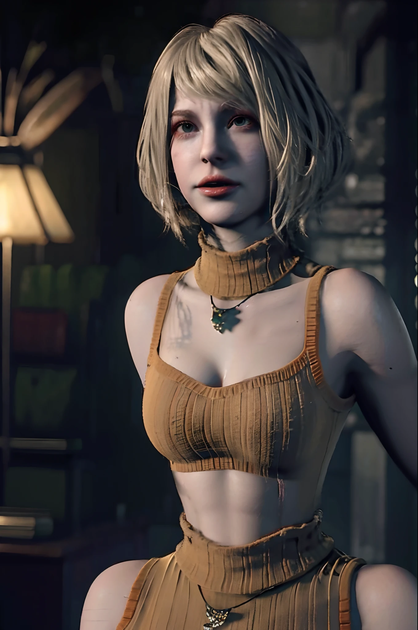 1girl, blurry, photo_\(medium\), realistic, short_hair, sleeveless, solo, looking_at_viewer, blonde_hair, shirt, bare_shoulders, jewelry, green_eyes, upper_body, parted_lips, necklace, sweater, lips, turtleneck, bob_cut, sleeveless_turtleneck, orange_shirt, Ashley, 3d,