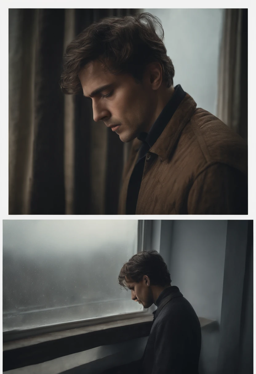 (best quality,highres,masterpiece:1.2),ultra-detailed,realistic,portrait,sad man,crying head down,extremely detailed eyes and face,long eyelashes,somber expression,downcast eyes,teary eyes,pale skin,dark hair,disheveled appearance,alone in a dimly lit room,window with a view of a gloomy landscape,rain falling outside,emotional scene,feeling of loneliness and despair,cold color tone,high saturation,soft shadows,dramatic lighting,subtle highlights,mist in the air,slightly foggy atmosphere,broken silence,depth of emotions.