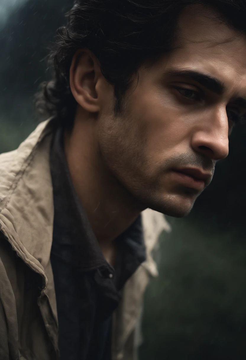 (best quality,highres,masterpiece:1.2),ultra-detailed,realistic,portrait,sad man,crying head down,extremely detailed eyes and face,long eyelashes,somber expression,downcast eyes,teary eyes,pale skin,dark hair,disheveled appearance,alone in a dimly lit room,window with a view of a gloomy landscape,rain falling outside,emotional scene,feeling of loneliness and despair,cold color tone,high saturation,soft shadows,dramatic lighting,subtle highlights,mist in the air,slightly foggy atmosphere,broken silence,depth of emotions.