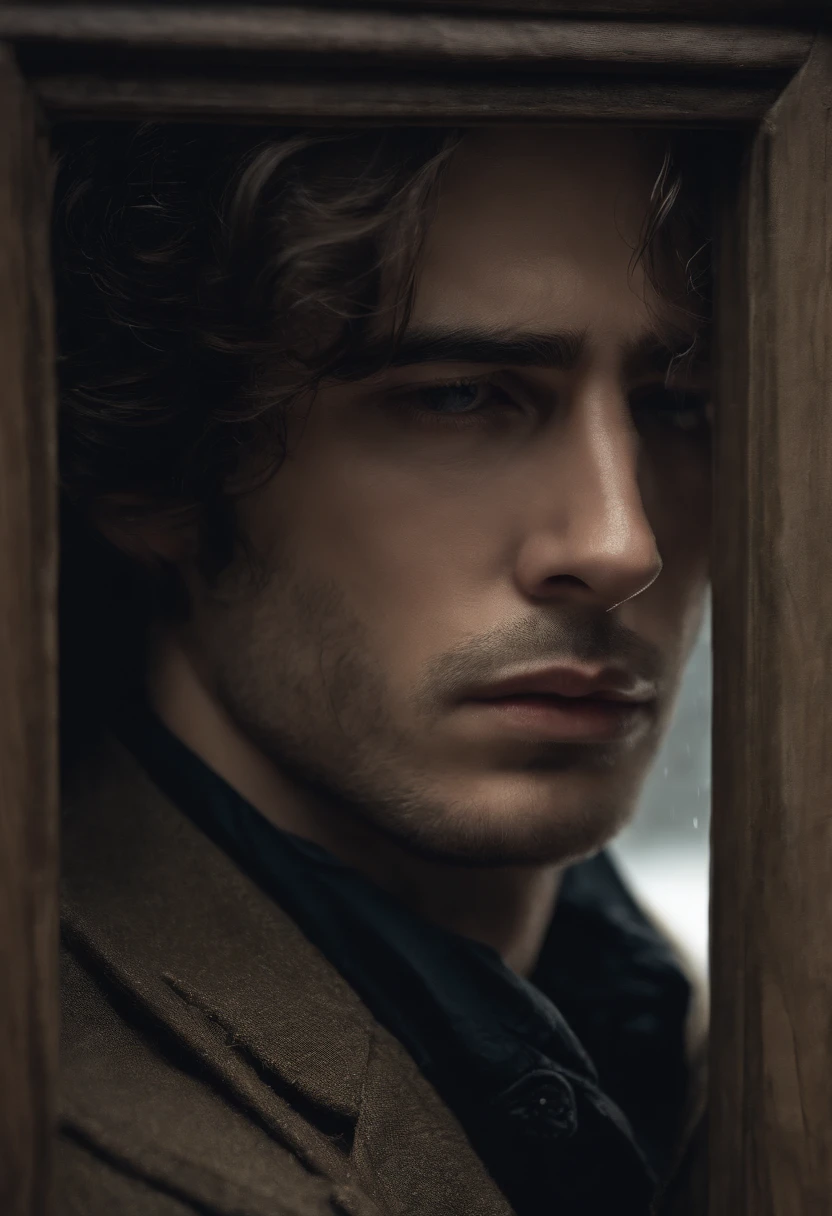 (best quality,highres,masterpiece:1.2),ultra-detailed,realistic,portrait,sad man,crying head down,extremely detailed eyes and face,long eyelashes,somber expression,downcast eyes,teary eyes,pale skin,dark hair,disheveled appearance,alone in a dimly lit room,window with a view of a gloomy landscape,rain falling outside,emotional scene,feeling of loneliness and despair,cold color tone,high saturation,soft shadows,dramatic lighting,subtle highlights,mist in the air,slightly foggy atmosphere,broken silence,depth of emotions.