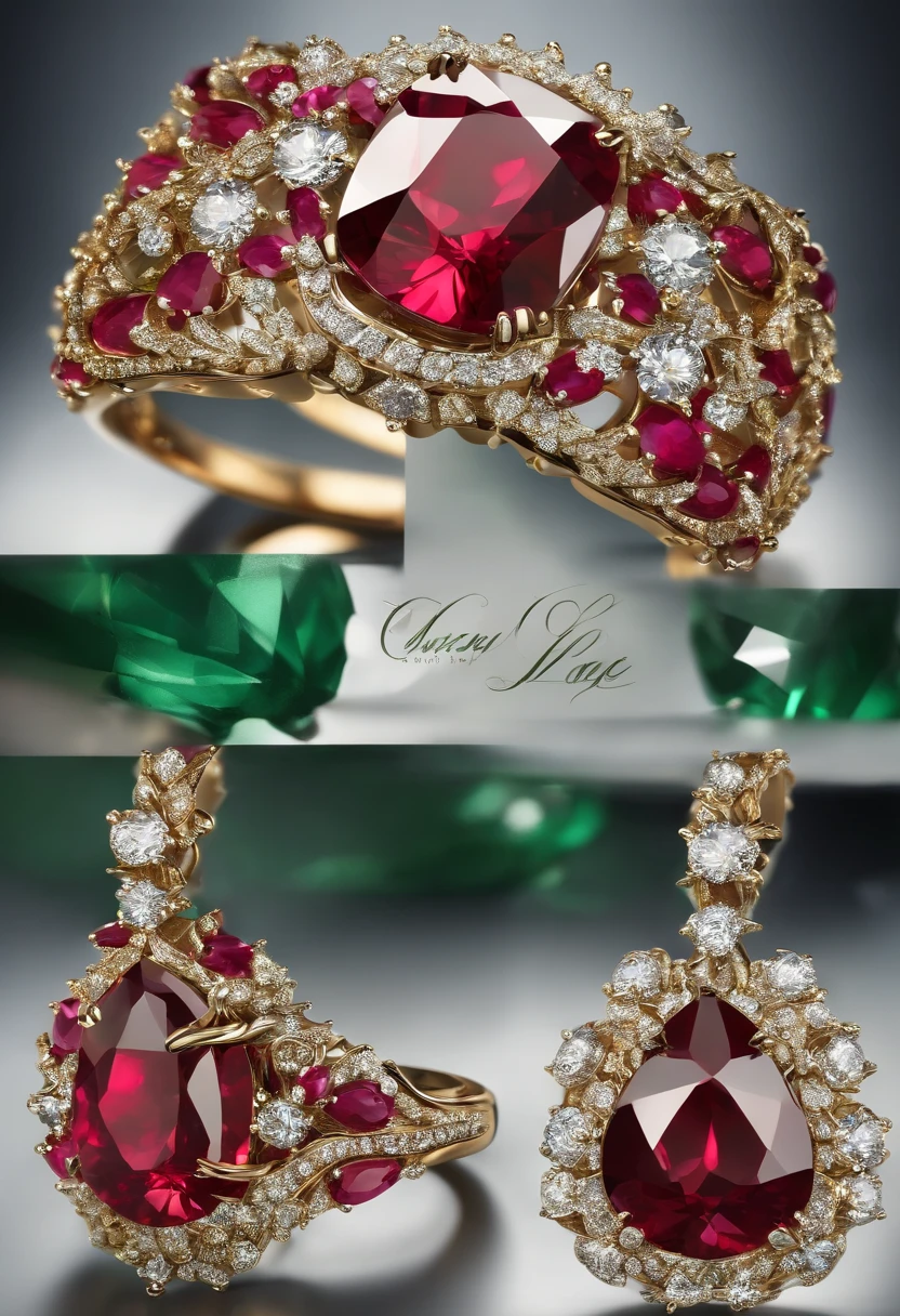 un design de haute joaillerie, Martinique Flower Themed Ring, Ruby Gemstones, Emeralds & Diamonds, Luxe, Vue du produit, Tendances sur ArtStation, ultra quality, digital art, Hyper exquisite details, 8K, softlighting, tropical, mode, MGE