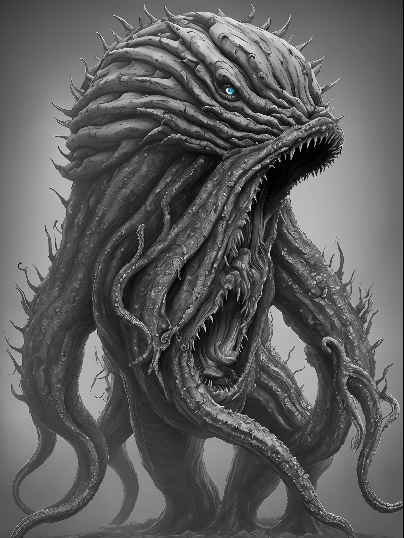 there is a giant monster with a huge mouth and a lot of tentacles, hyper realistic fantasy monster, elden ring monster, scary creature, a humanoid thistle monster, lovecraftian creature, eerie highly detailed, elder thing, minion as lovecraft's monster, madness creature, fungal god, creature concept art, creepy creature, lovecraftian monster, creepy mutant flesh creature
