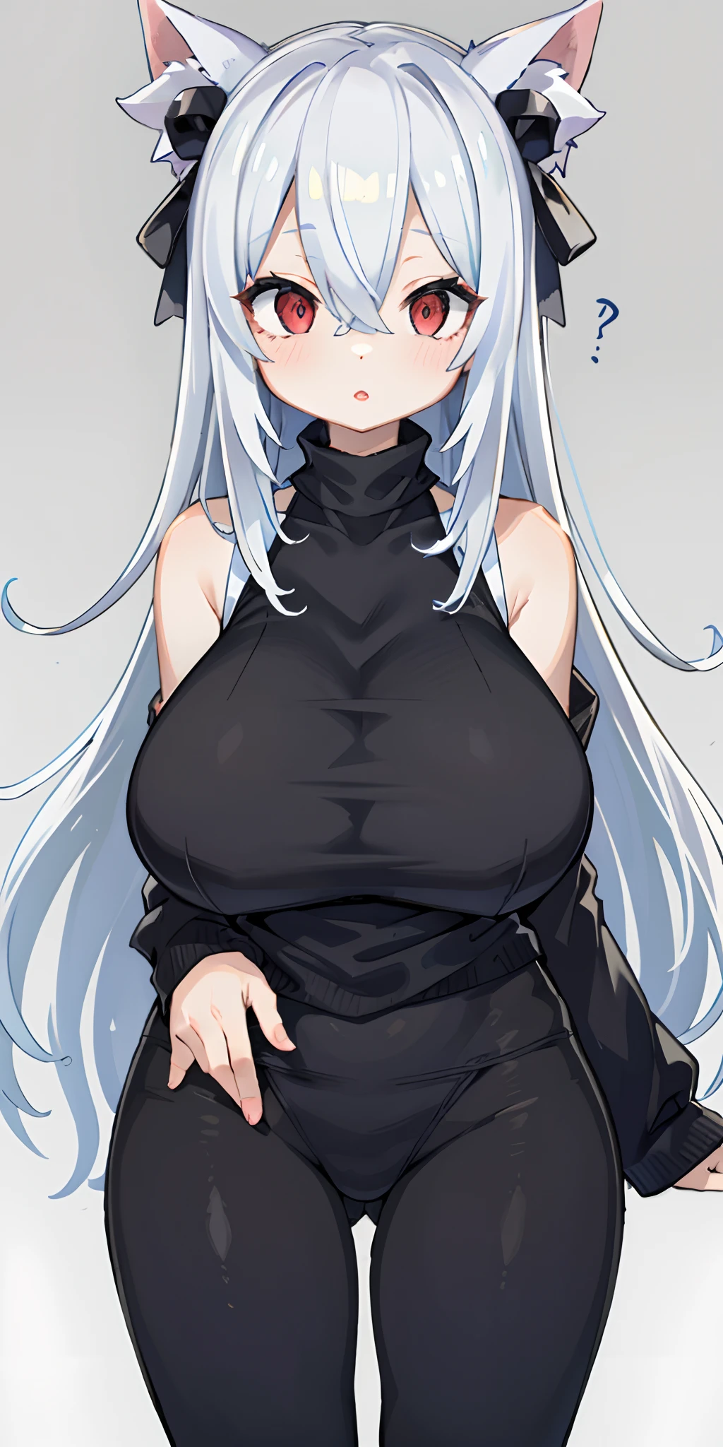 1girl, bangs, bare shoulders, black pants, breasts, breasts squeezed together, gray background, hair between eyes, huge breasts, long hair, looking at viewer, pants, lips parted, red eyes, shirt, plain bottom, sleeveless , sleeveless shirt , solo, turtleneck, v arms, white hair, (glossy skin), (masterpiece:1.4), (best quality:1.4),mature female,fashi-girl,red lips