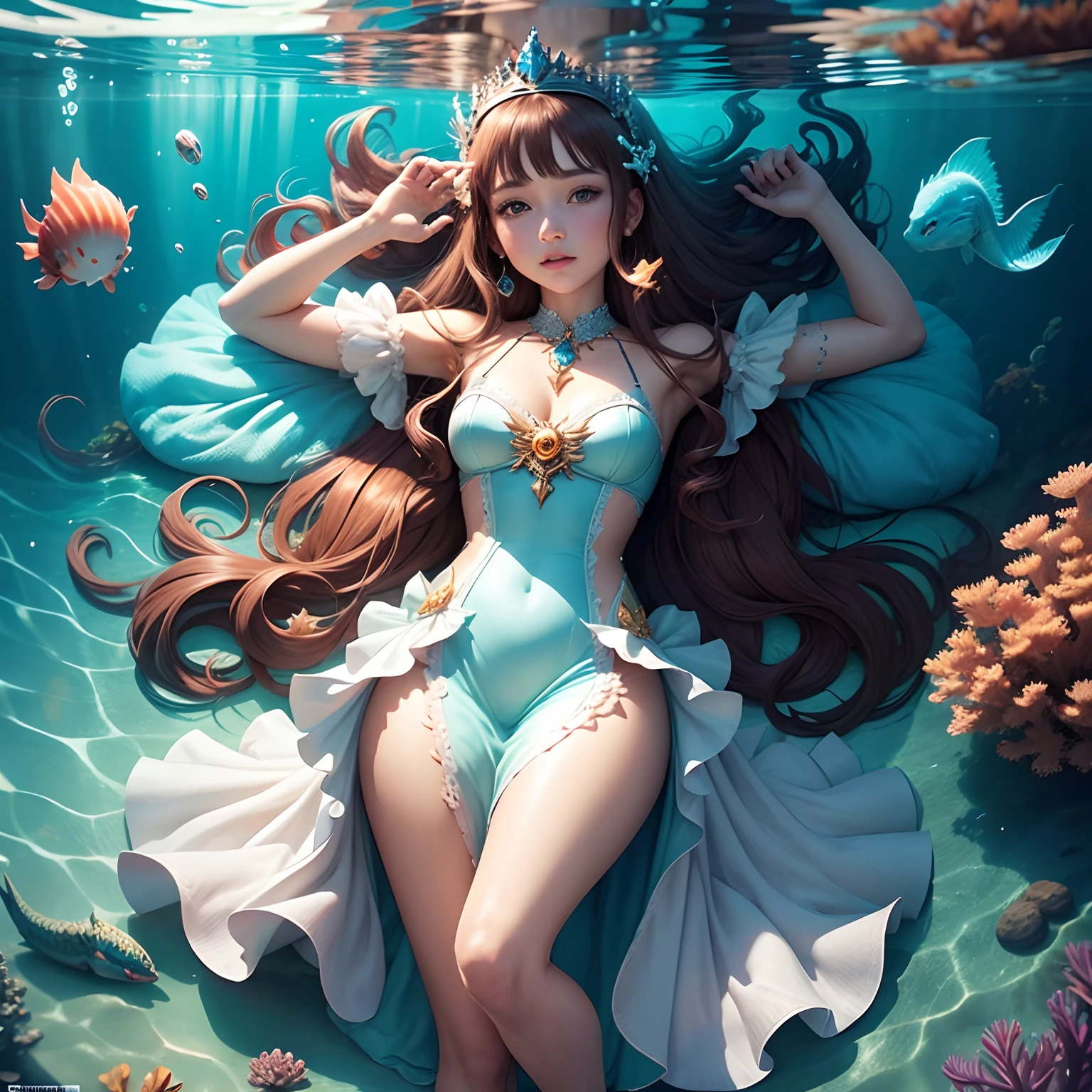 High detail CG,rich details,An underwater world in the sun,water bubbles,small fish swimming around,Dress normally,Princess dress,A crystal crown is worn on his head,Dragon Princess,Wear an exaggerated necklace,Brown hair long,The sun shines on the body,glowing white,The art of clocking in,"Lying on the bed",The corals