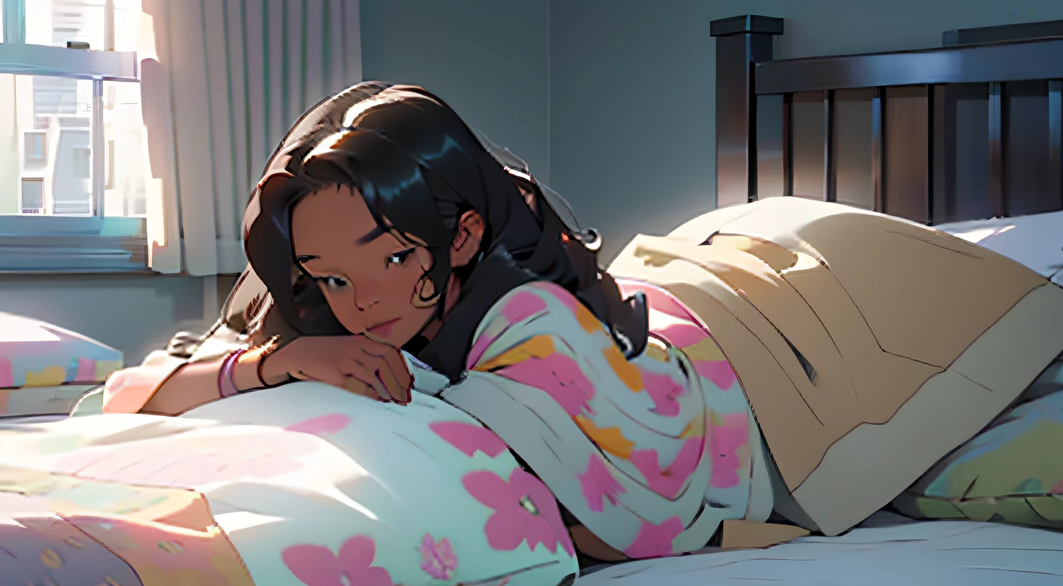A brown skinned young woman with long, wild and curly black/brown hair sleeping in her pastel bed with pastel sheets and pastel pillows. The bed is covered in pastel stuffed animals.