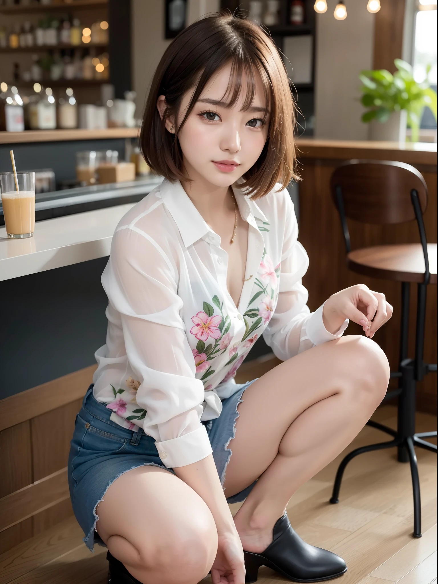 ((of the highest quality, 8K, masutepiece: 1.3, Raw photo)), Sharp Focus: 1.2, (1 AESPA Girl :1.1), Solo, (Realistic, Photorealistic: 1.37), (Face Focus: 1.1), Cute face, hyperdetailed face, Short messy hair, Small Smile, Small breasts, flat chest, nude, (button down white shirt, chiffon panties: 1.2), Sitting, Thigh, (Night, bar, cafe: 1.2), (flower, Cattleya: 1.2)
