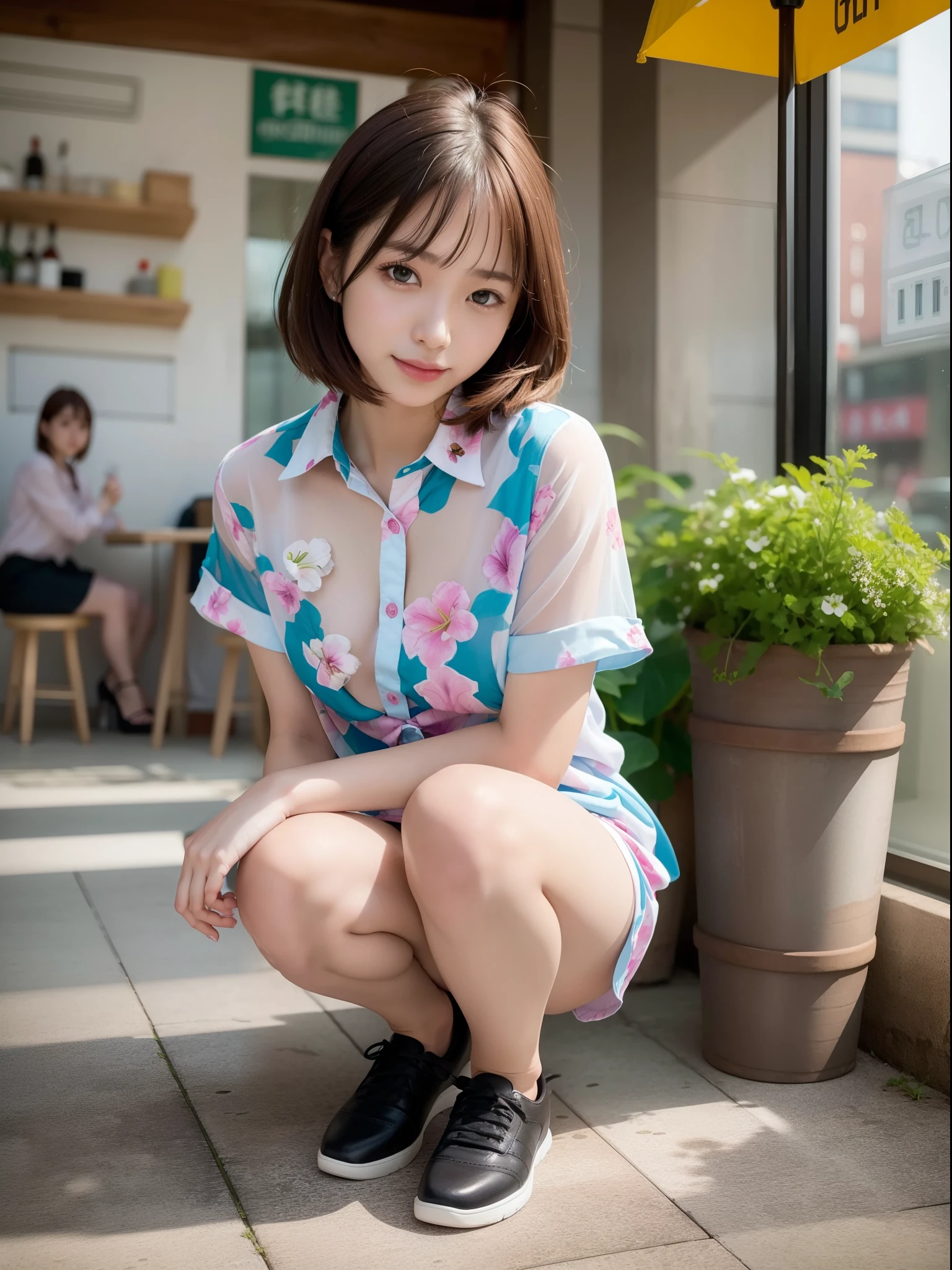 ((of the highest quality, 8K, masutepiece: 1.3, Raw photo)), Sharp Focus: 1.2, (1 AESPA Girl :1.1), Solo, (Realistic, Photorealistic: 1.37), (Face Focus: 1.1), Cute face, hyperdetailed face, (short messy hair: 1.2), Small Smile, Small breasts, flat chest, nude, (taking off her colorful chiffon shirt, Thigh: 1.2), squatting, cafe, bar, flower, lily