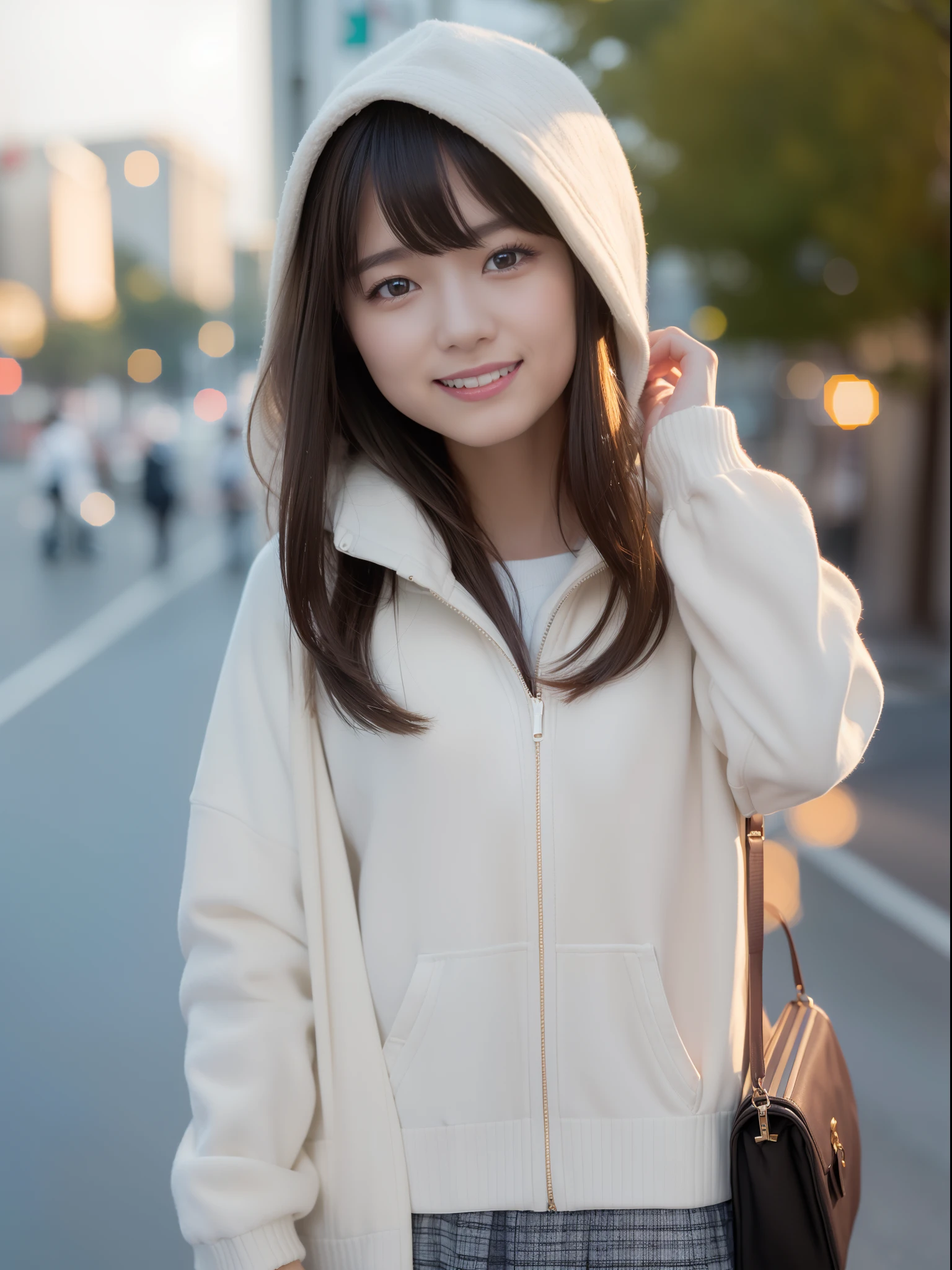 top-quality、​masterpiece、1 girl in、Blonde hairer、Black eye、a miniskirt、on tokyo street、A city scape、The upper part of the body、a closeup、A smile、、(8K、Raw photography、top-quality、​masterpiece:1.2)、(realisitic、photoRealstic:1.37)、Highly detailed eyelash drawing、(((Top image quality))),small tit、Fine skin, (Beautiful hair), top-quality、hight resolution、Happy smile、Happy smile、Standing、a miniskirt、Autumn outfit、nightcity、Autumn outfit、Best Quality,masutepiece,hight resolution,Beautiful eyes,Detailed background,[Backlighting],(Face lighting),[Close View:0.8],(8K、Raw photography、top-quality、​masterpiece:1.2)、(realisitic、Photorealsitic:1.37)、ultra-detailliert、profetional lighting、Sony A7R4、Zessie 50mm f1.8、Rembrandt lighting（Rembrandt lighting）、Autumn outfit、Colorful jumper、with spreading legs、pony tail hairstyle、Winter clothes、snowflakes falling、Please wear a hooded coat、Orange sunset、burst into laughter、Office Lady Uniform