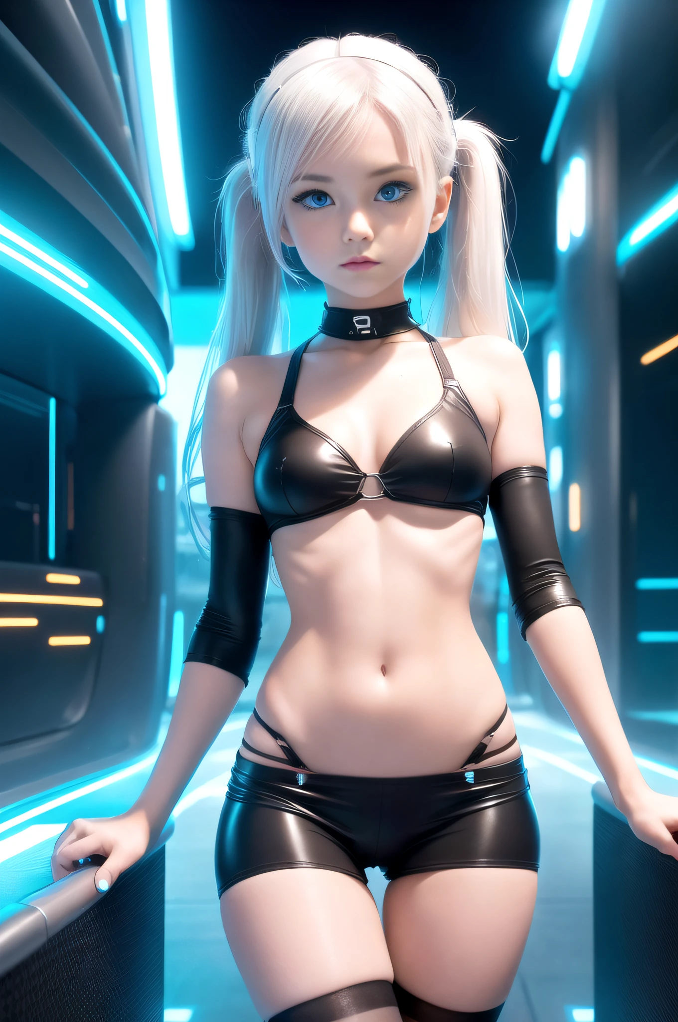 1 girl, solo, (nsfw), cute 18-year-old girl in twin tails, ((perfect female body)), (cute face make up), multiple (rainbow colored hair: 1.2), (beautiful detailed blue eyes: 1.6), (photo realistic eyes: 1.6), ((perfect eyes: 1.6)), happy, Ukrainian, (petite body), ((small hips)), ((pale white skin:1.2)), (micro bikini and tube top: 1.2), ((matte pantyhose: 1.6)), (("TRON LEGACY futuristic city" style background)), (night time:1.2)