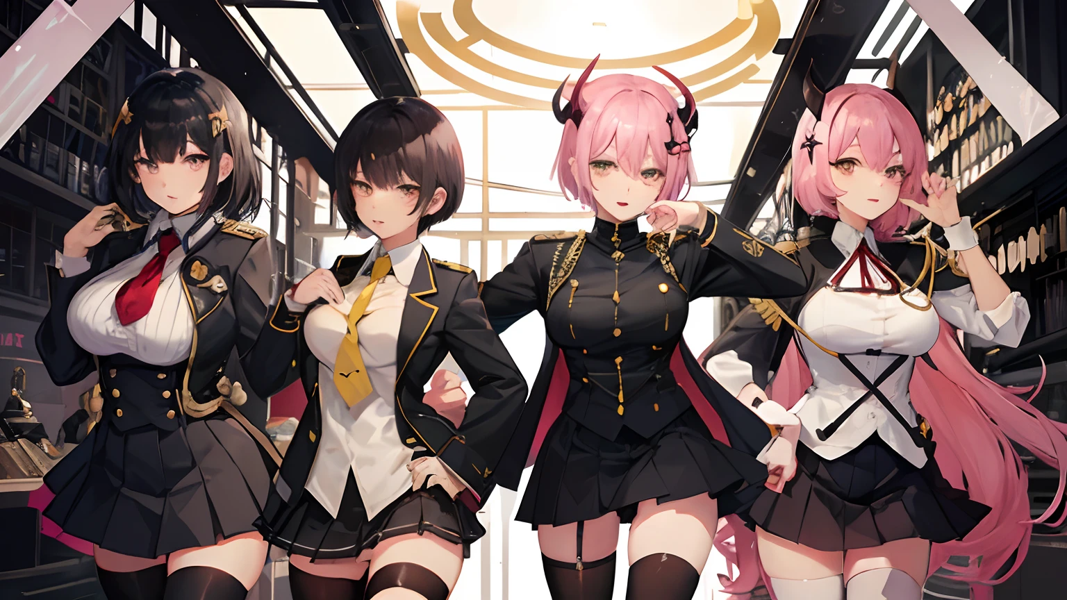 Short-haired woman in uniform, Big breasts, Skirt, Bag, Solo, Shirt, thigh-high socks, Pink hair, Smile, demonic horns, Big breasts, Long hair, Jewelry, White shirt looking at viewer, Necklace, Open mouth, Pleated skirt, Yellow eyes, Short sleeves, black thighhighs socks, Collared shirt, Black skirt, Bangs, manicure,