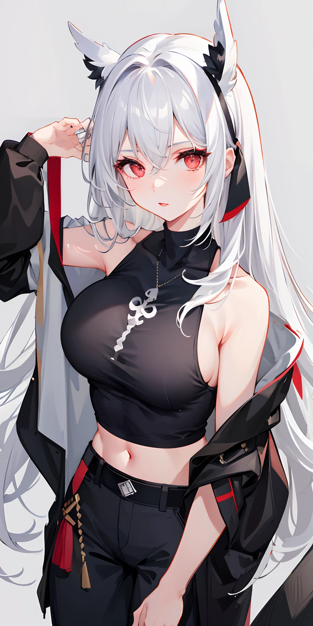 1girl, bangs, bare shoulders, black pants, breasts, breasts squeezed together, gray background, hair between eyes, huge breasts, long hair, looking at viewer, pants, lips parted, red eyes, shirt, plain bottom, sleeveless , sleeveless shirt , solo, turtleneck, v arms, white hair, (glossy skin), (masterpiece:1.4), (best quality:1.4),mature female,fashi-girl,red lips