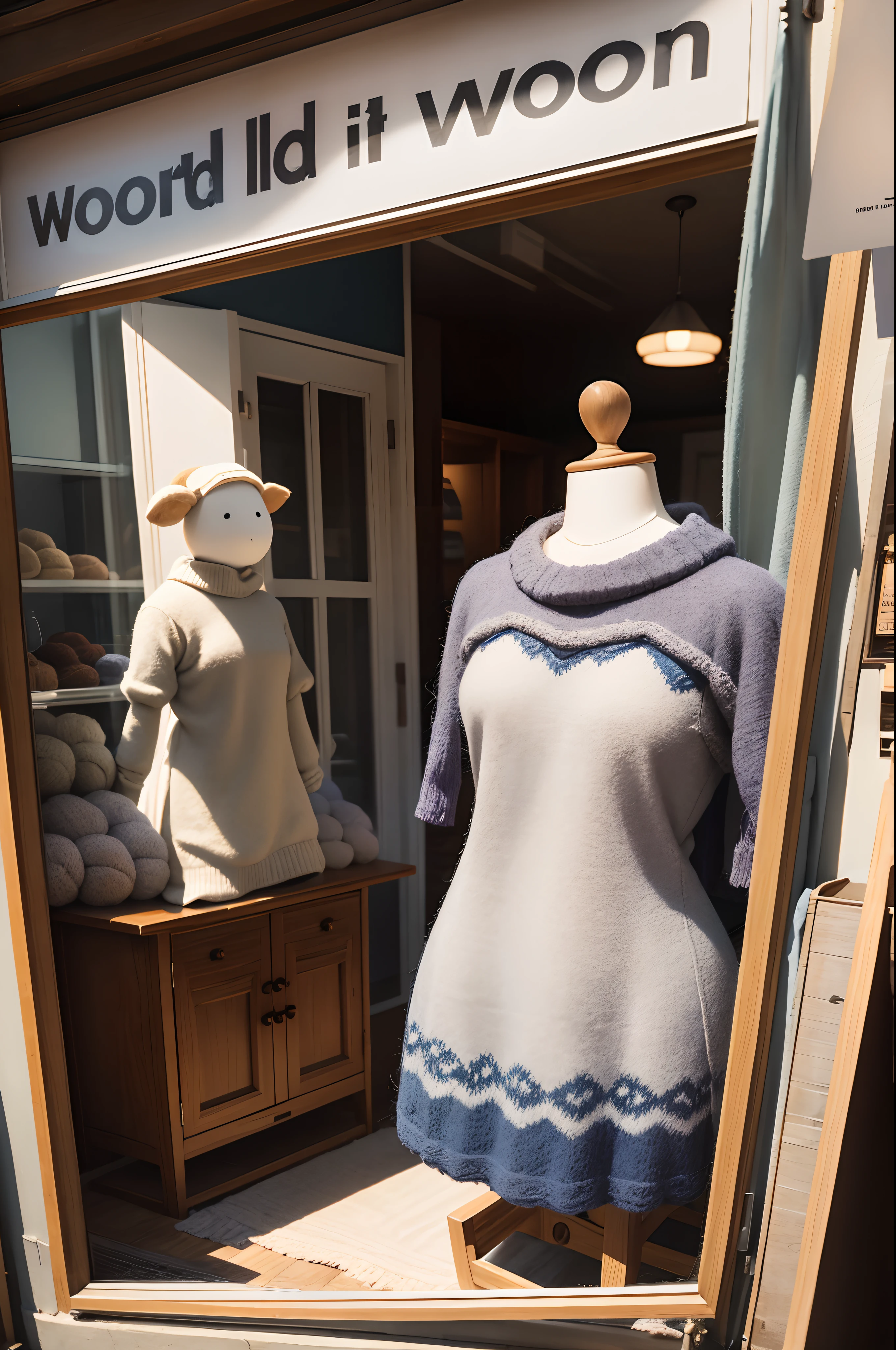 Wool felt world，Wool-knitted fabric
There are a lot of woolen clothes in the window，There was a sheep standing inside