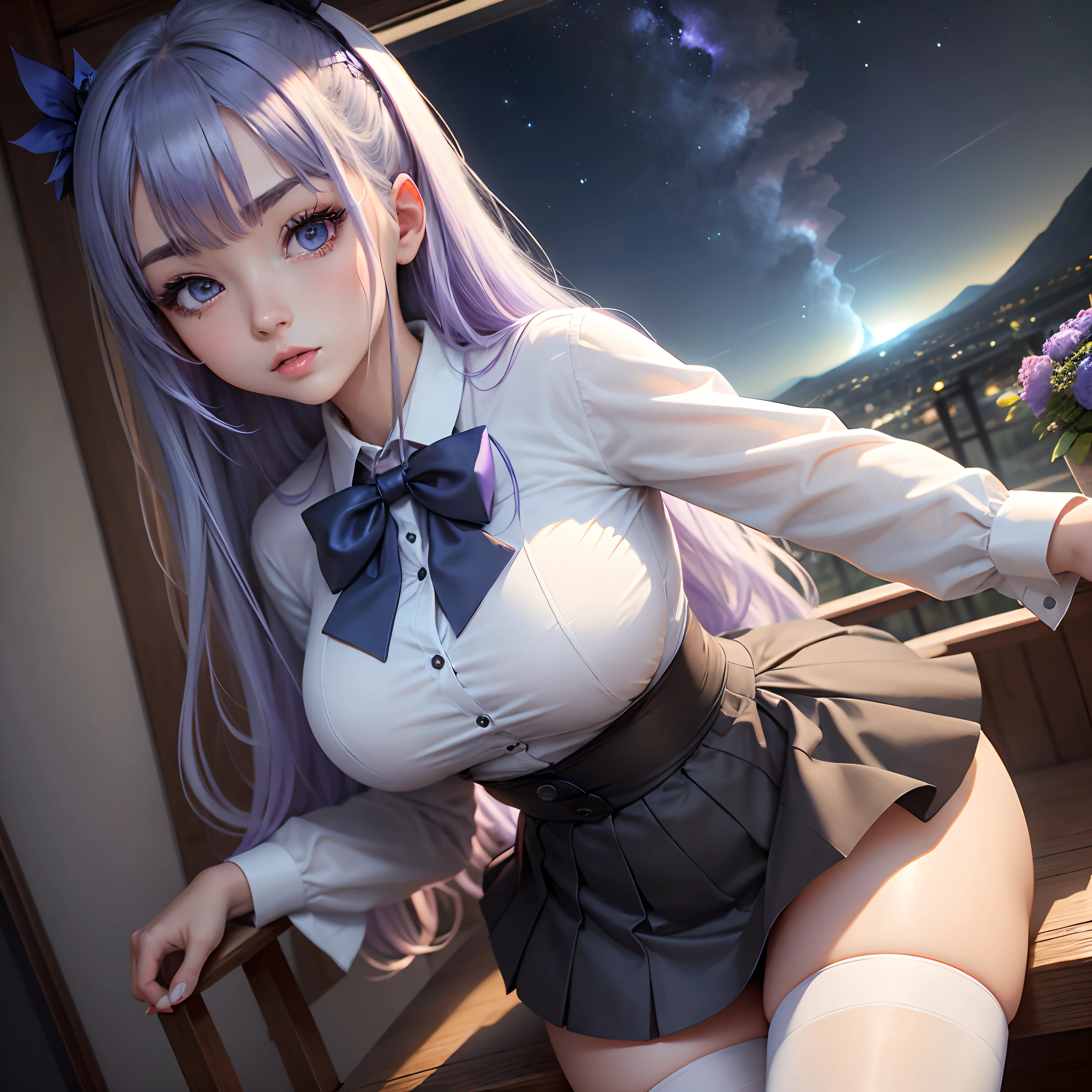 Best Quality, masutepiece,, Illustration, Wallpaper,1girl in, Solo, School uniform, White shirt, Black skirt, Bright hair, Semi-long hair, Beautiful detailed girl, extremely detailed eye and face, Beautiful detailed eyes, Shy, natural_Lighting, Glow,NSFW, Clean sky, Looking at Viewer, Outdoors, nigh sky, Star (skyporn), lowfers, Black pantyhose, blue bowtie, Straight hair, Purple petals, Purple and blue flowers, Red pupil, Ponytail, Blue Ribbon,White hair, Thick_thighs thighs thighs thighs, Large breasts, Red Eyes,