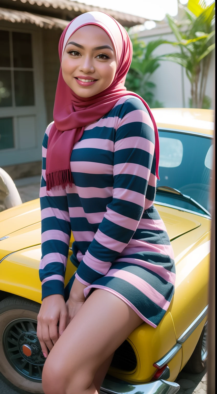 Malay girl in hijab wear Clasi Striped Print Batwing Sleeve Shirt Dress , pastel color, seat infront of vintage car, old car, front view, detail skin, detail skin texture, mole below eyes, small breast, big hip, big waist, big thigh, slim abs, beautiful body, evening, laughing, happy, bright lighting, blur background, bokeh,