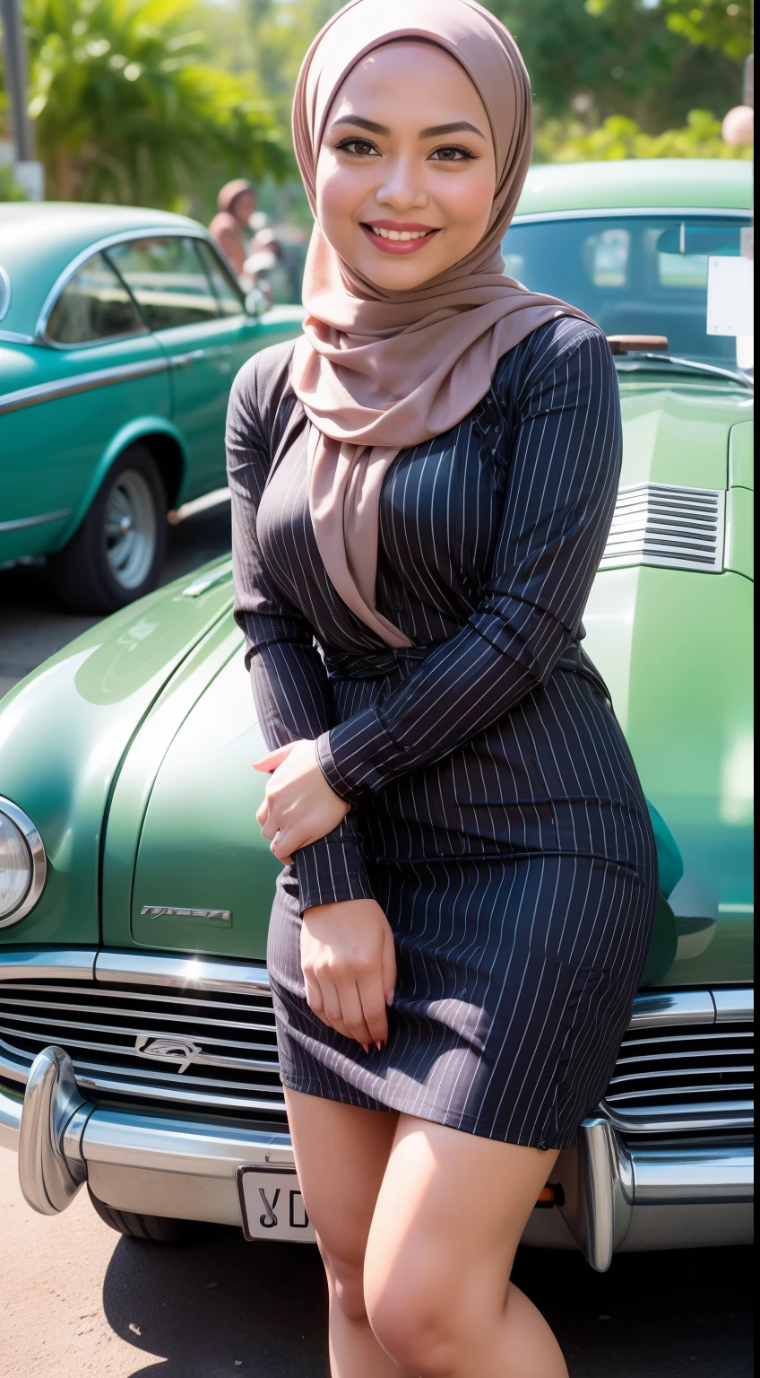 Malay girl in hijab wear Clasi Striped Print Batwing Sleeve Shirt Dress , pastel color, seat infront of vintage car, old car, front view, detail skin, detail skin texture, mole below eyes, small breast, big hip, big waist, big thigh, slim abs, beautiful body, evening, laughing, happy, bright lighting, blur background, bokeh,