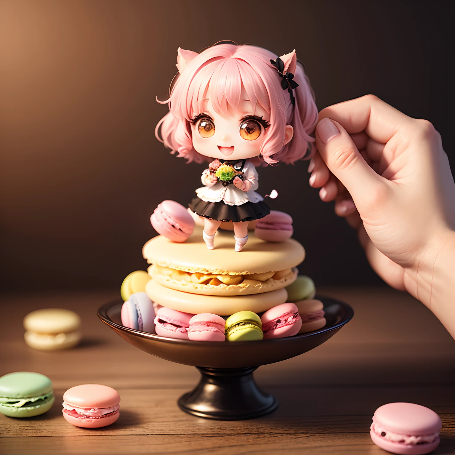 masterpiece、top-quality、ultra-detailliert、(Chibi Chara's Daughter:1.2)、Colorful macarons、Open your mouth and smile、sweets Wallpapers、Standing