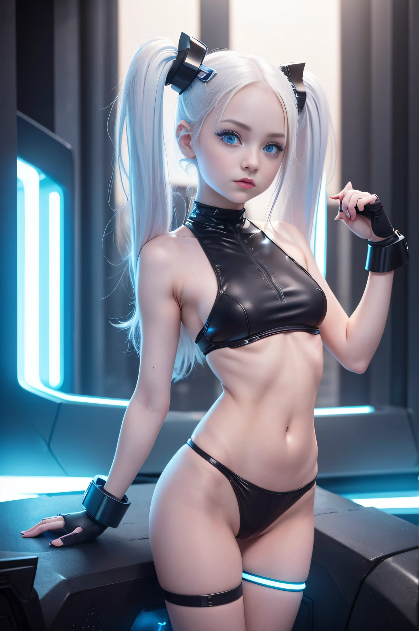 1 girl, solo, (nsfw), cute 18-year-old girl in twin tails, ((perfect female body)), (cute face make up), multiple (rainbow colored hair: 1.2), (beautiful detailed blue eyes: 1.6), (photo realistic eyes: 1.6), ((perfect eyes: 1.6)), happy, Ukrainian, (petite body), ((small hips)), ((pale white skin:1.2)), (micro bikini and tube top: 1.2), ((matte pantyhose: 1.6)), (("TRON LEGACY futuristic city" style background)), (night time:1.2)