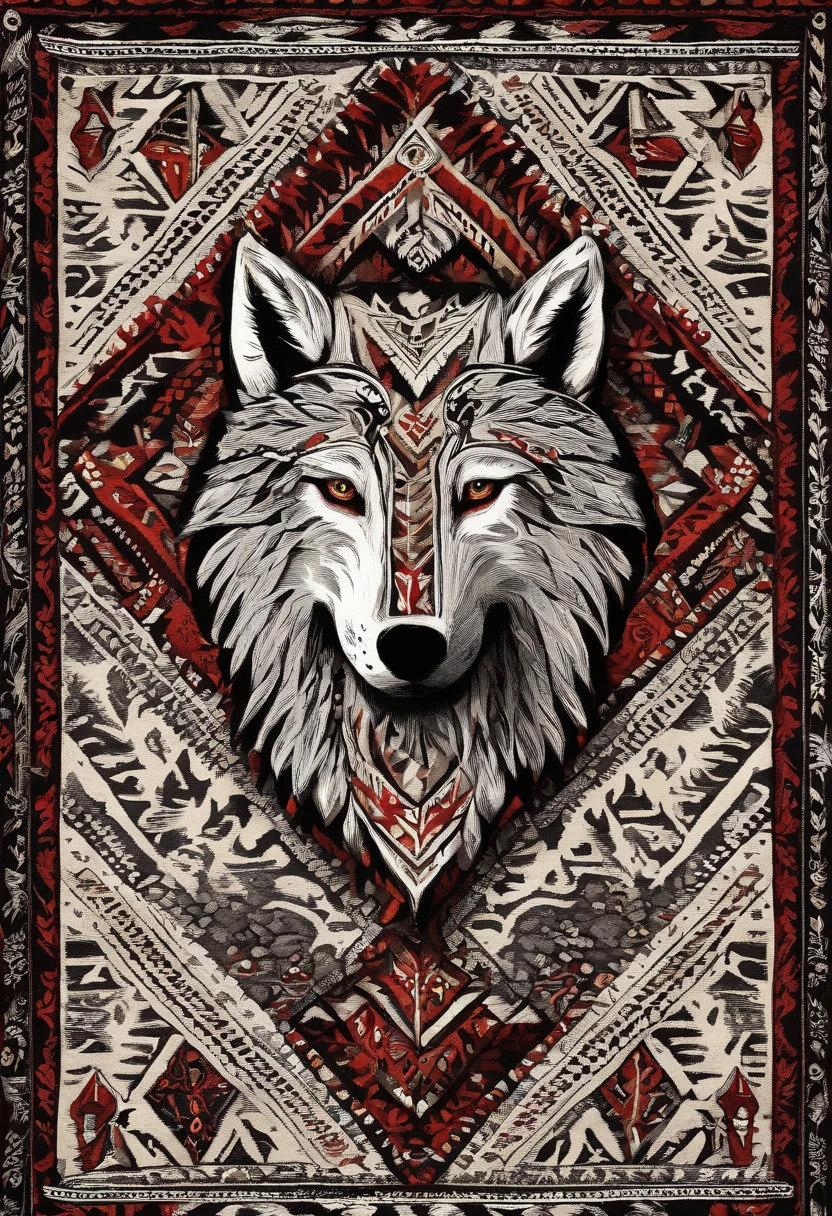 Wool felt printed with a white wolf's head