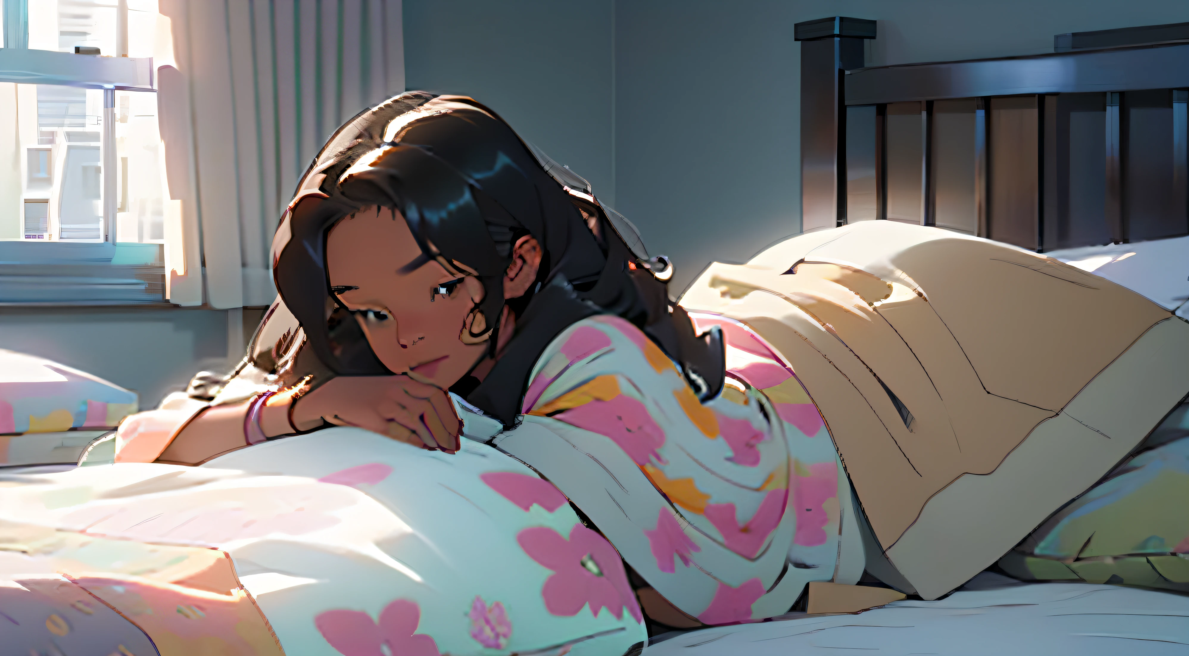 A brown skinned young woman with long, wild and curly black/brown hair sleeping in her pastel bed with pastel sheets and pastel pillows. The bed is covered in pastel stuffed animals.