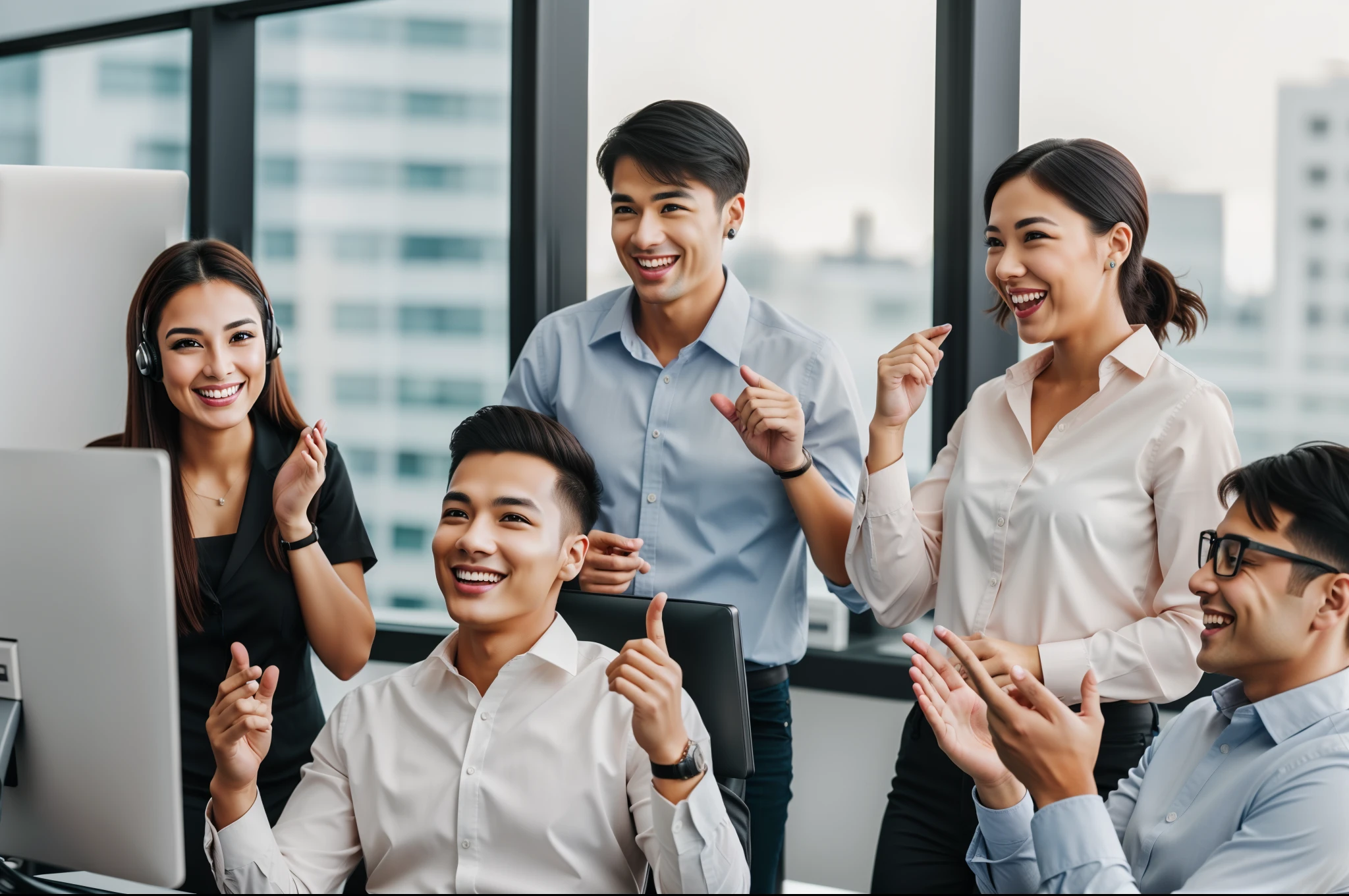 several people are clapping and smiling in front of a computer, a group of people, excited, people panicking, best on adobe stock, being delighted and cheerful, interesting background, professional, everyone having fun, very excited, exceptional, groups of happy humans, celebration, coworkers, celebrating, joyful people in the house, in an call centre office, competition winning, 8K, SHARP, ultra sharp, realistic, HD
