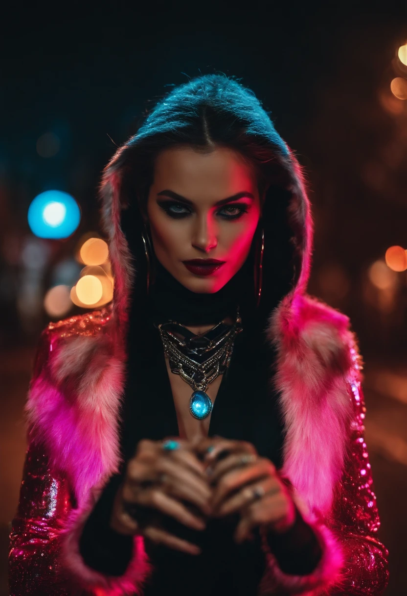 Vampiro com presas, garota, at night, loira, cabelo curto, olhos azuis claros, CIDADE FUTURISTA, neon lights, Colorful hoop lighting on girl, Casaco de couro longo, Cinto com fivela de prata, V Top Neck, pingente de colar de prata com pedra vermelha, vapor em segundo plano, tiro de comprimento total, pistol on his hand, dedo no gatilho