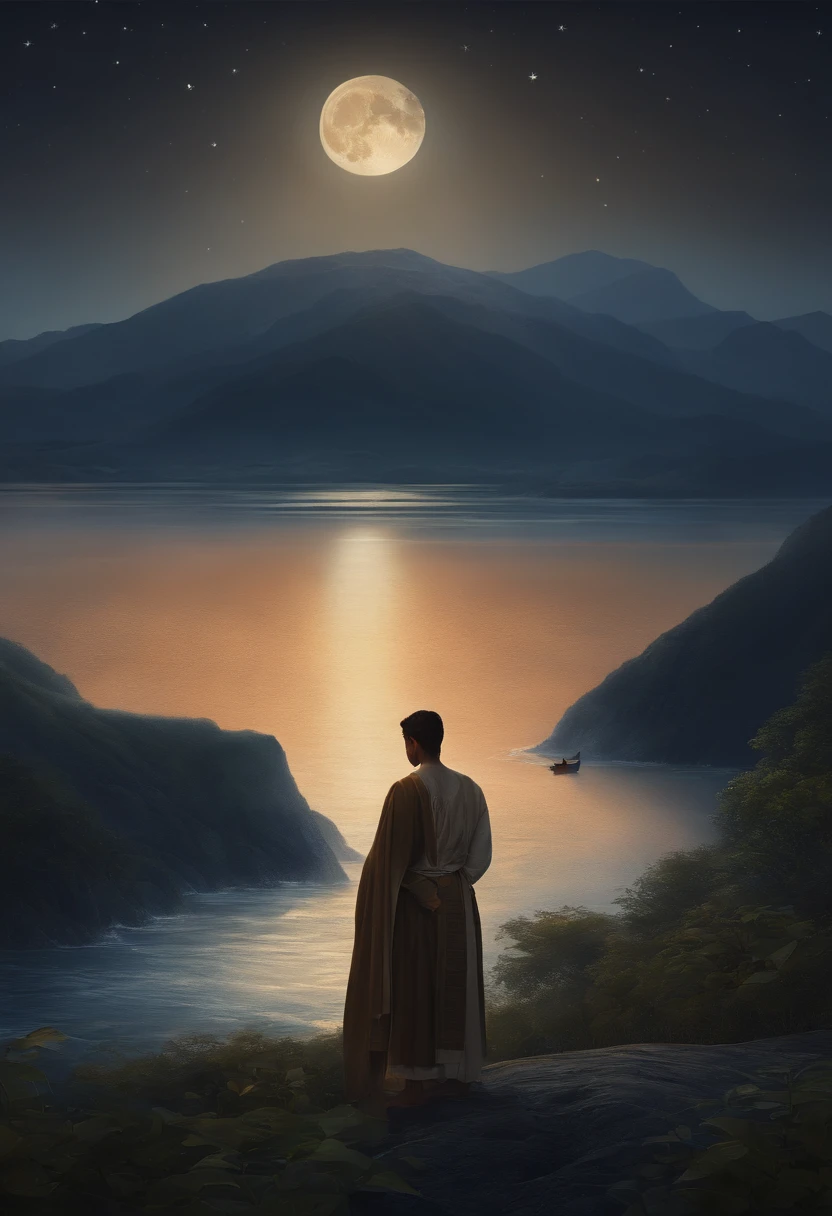 The painting begins with a magical night sky, the full moon and the mountain. A young man stands sad and calm, wearing traditional clothes expressing farewell. The man holds in his hand an urn containing his wife's ashes. Next to him is a horse, gently leaning over to drop it into the sea. The ashes gently scatter in the air before gently falling into the calm waters of the sea. The sea can be seen under the mountain. A small sailing boat appears with a lighted candle on its